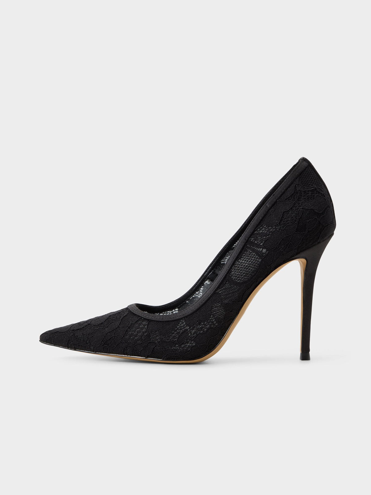 Black Lace Mesh And Satin Pointed-Toe Slip-On Pumps High Heels