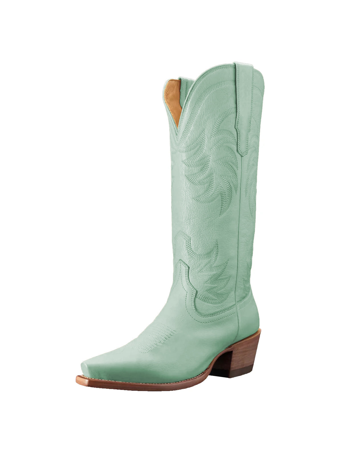Mint Green Snip-Toe Embroidery Wide Calf Knee High Cowgirl Boots