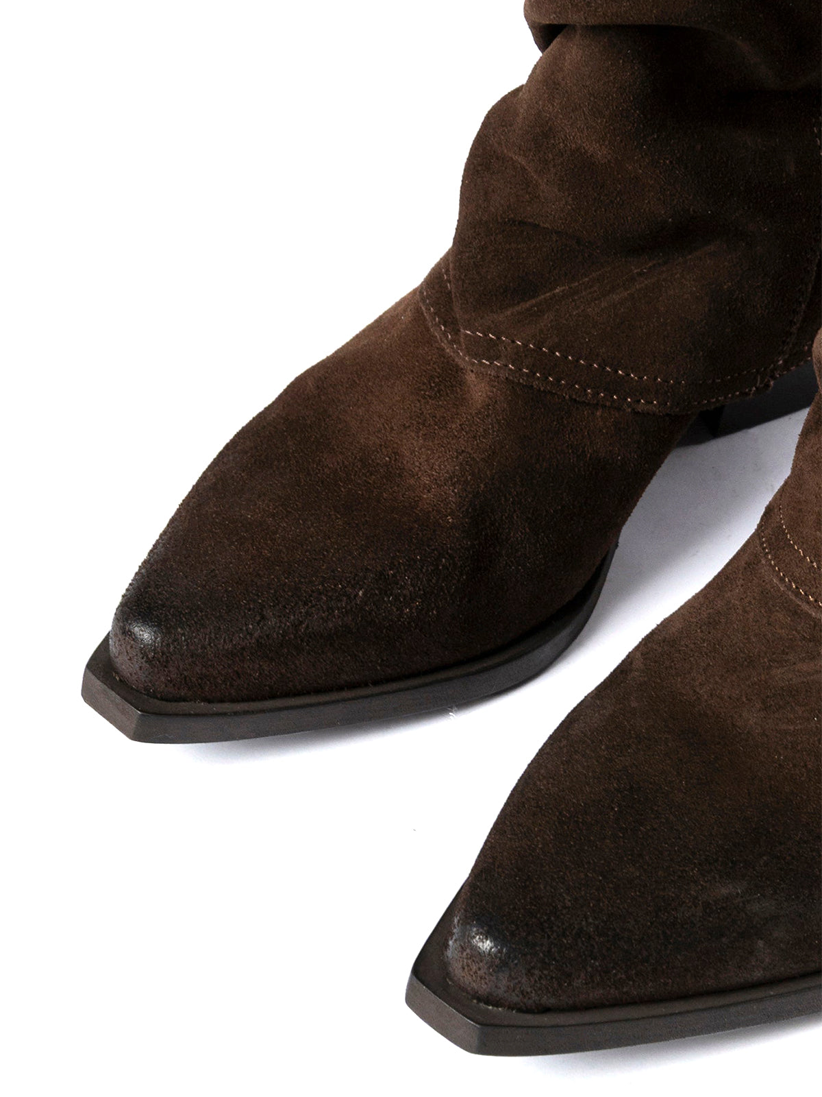 Dark Brown Faux Suede Snip-Toe Fold-Over Back Studs Wide Calf Knee High Cowgirl Boots