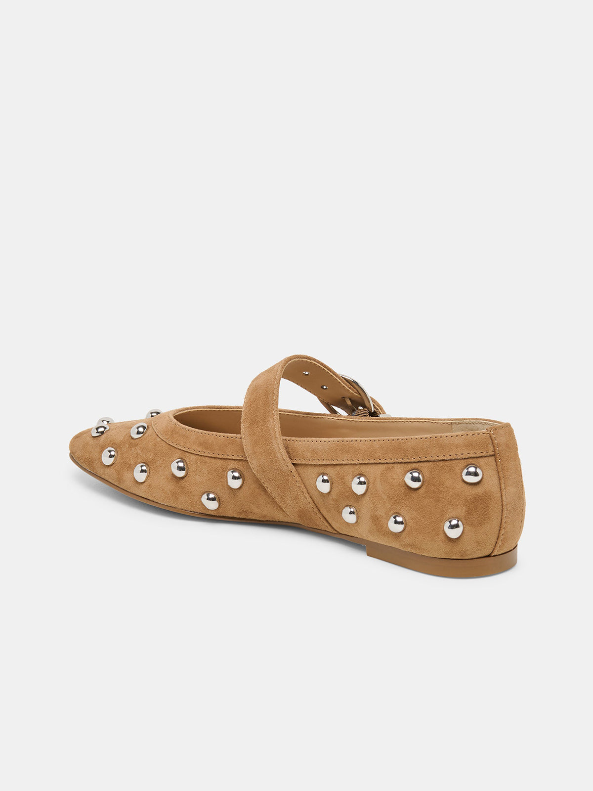 Brown Faux Suede Square-Toe Studs And Mary Jane Ballet Flats