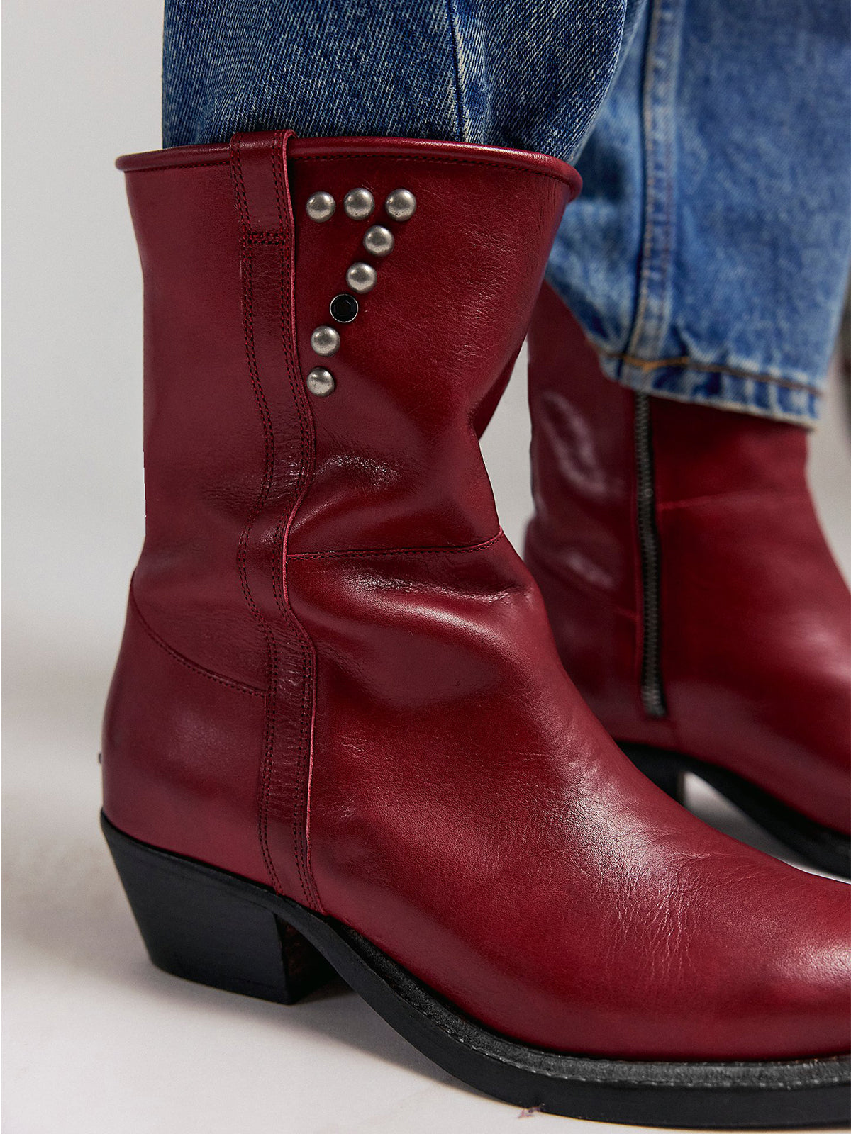 Red Pointed-Toe Studded Buckle Strap Full-Zip Ankle Cowgirl Boots