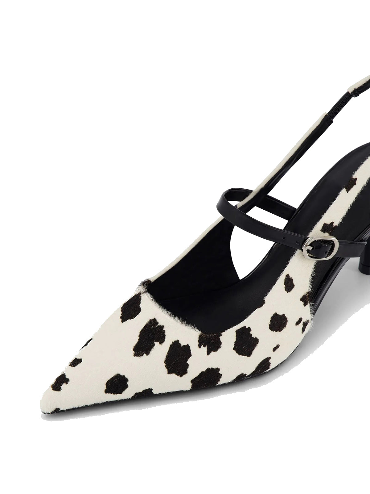 Cow Print Pointed-Toe Patent Middle Strap And Slingback Kitten Heels