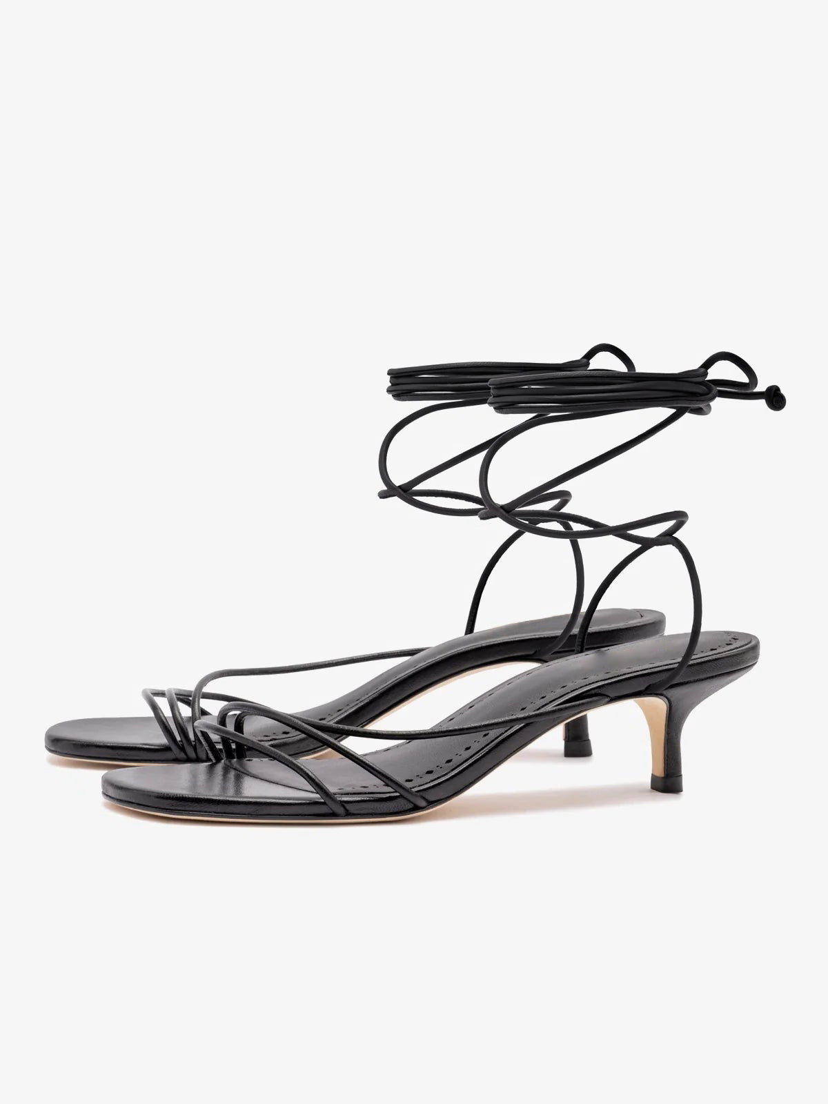 Black Round-Toe Front And Long Ankle Strap Kitten Heels