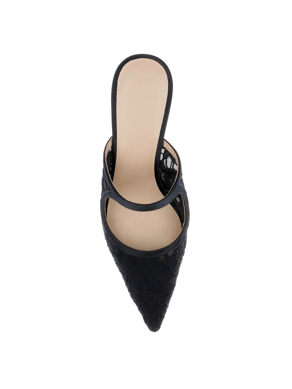 Black Lace Mesh And Satin Pointed-Toe Mary Jane Slip-On High Heels
