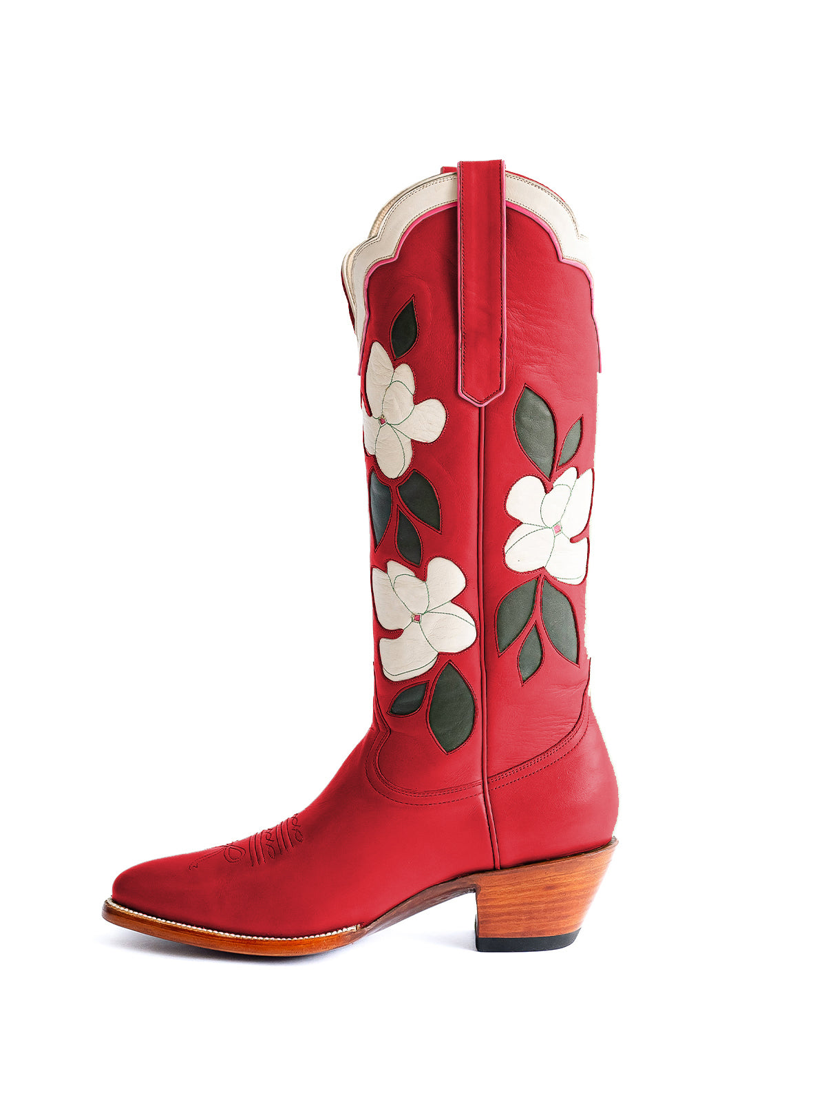 Red Almond-Toe White Flower Inlay Wide Calf Knee High Cowgirl Boots