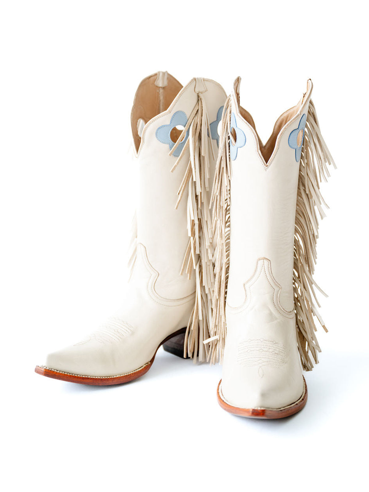 Bone Pointed-Toe Side Fringes And Cutout Mid Calf Cowgirl Boots