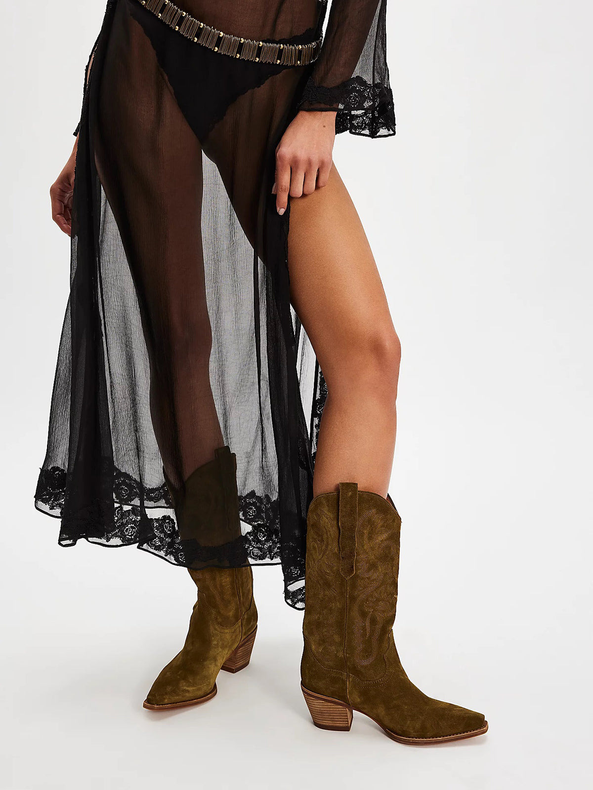 Snip-Toe Chic Western Embroidery Sleek Mid Calf Cowgirl Boots - Khaki Faux Suede