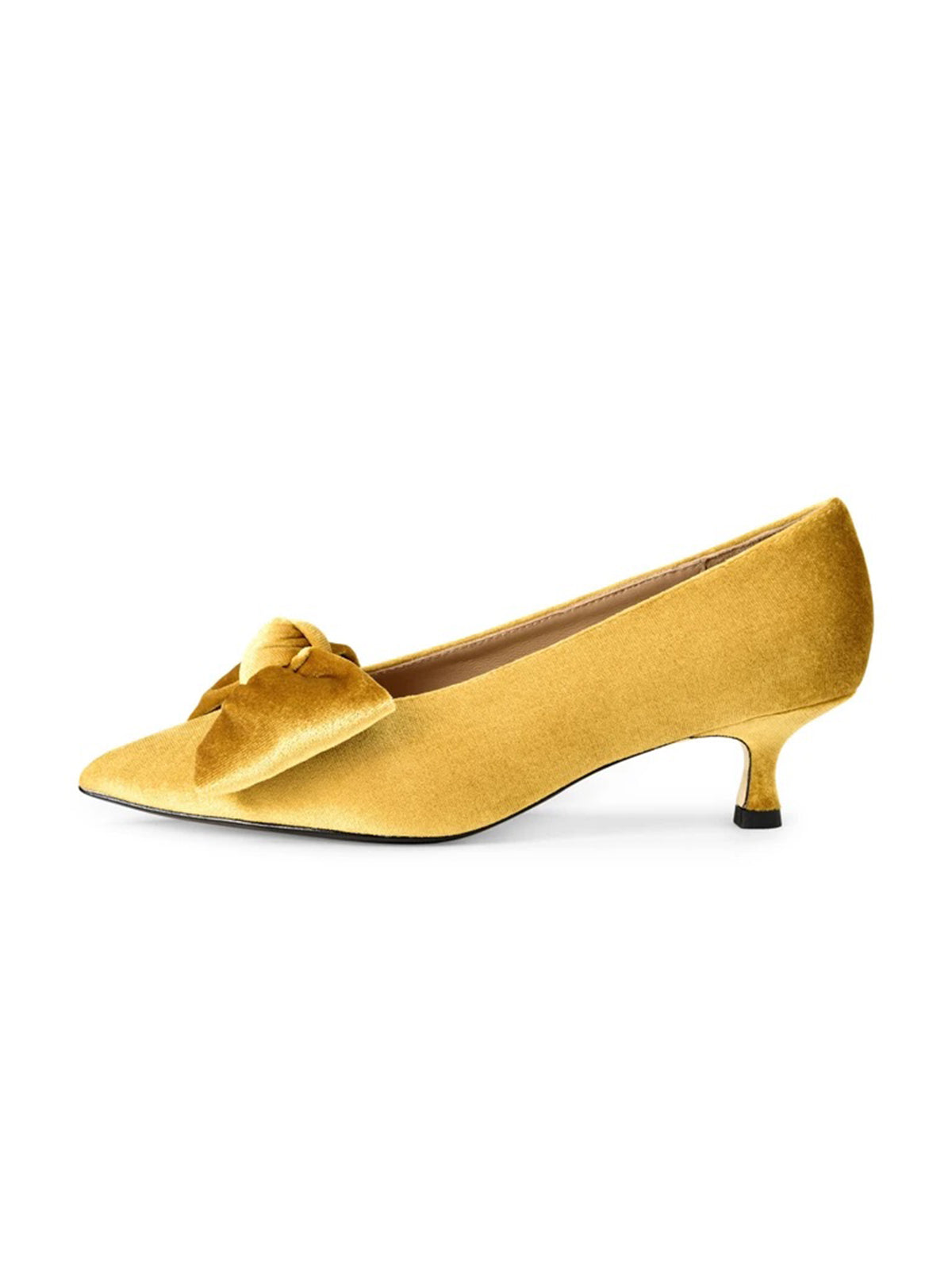 Yellow Velvet Pointed-Toe Front Oversized Bow Slip-On Kitten Heels