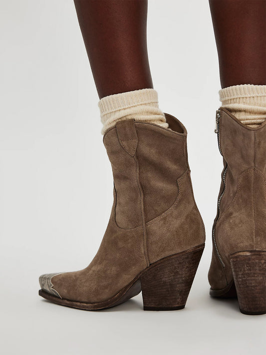 Metal Snip-Toe Full-Zip Classic Cowgirl Ankle Boots - Taupe Faux Suede