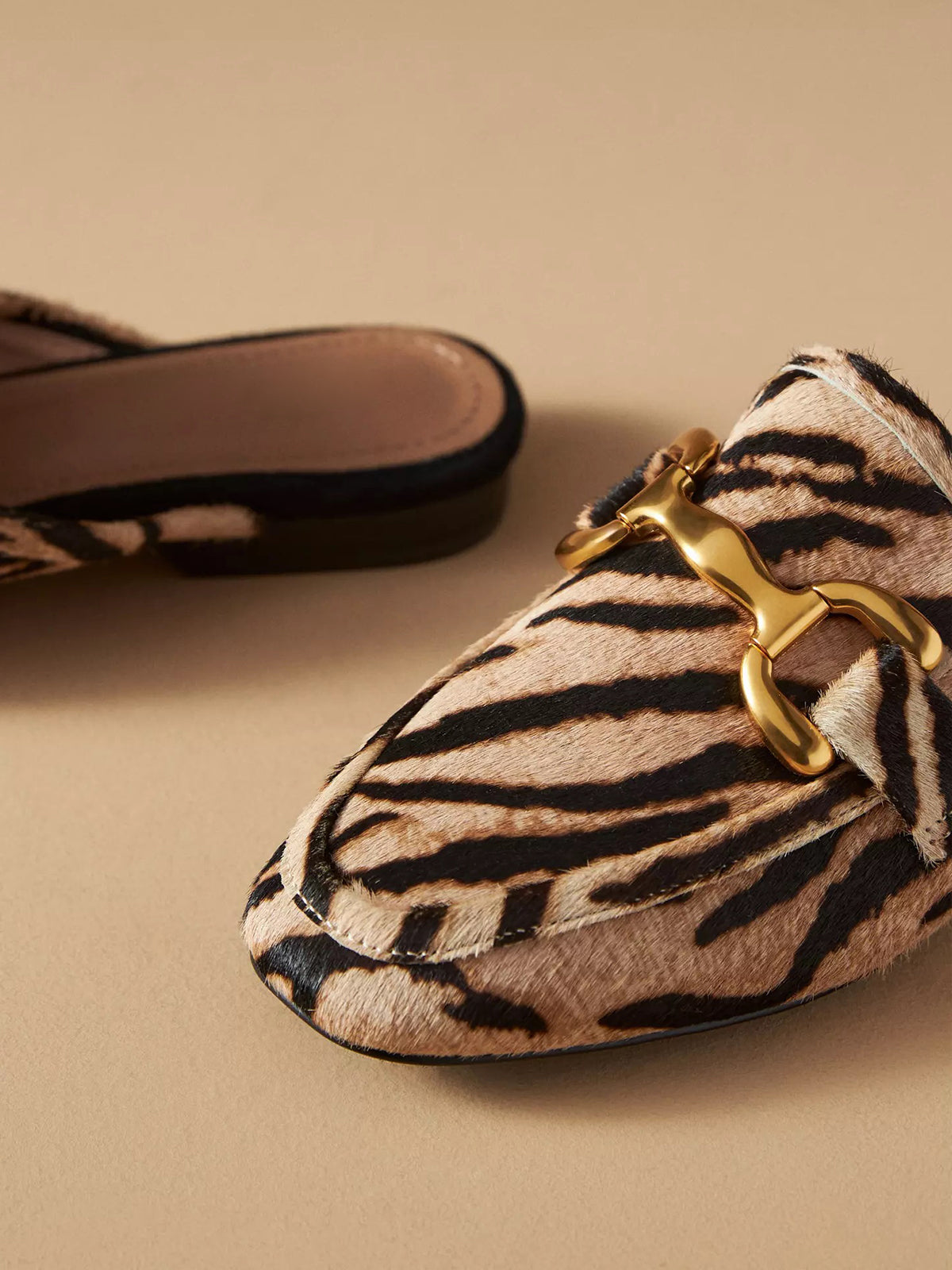 Zebra Print Square-Toe Slip-On Front Metal Detail Flats Loafers