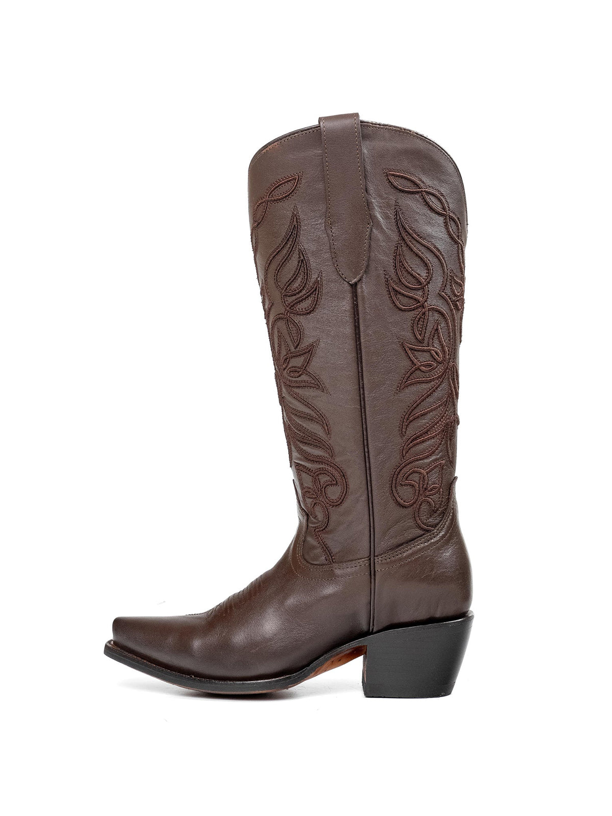 Snip-Toe Sleek Embroidery Half-Zip Knee High Cowgirl Boots For Woman - Brown