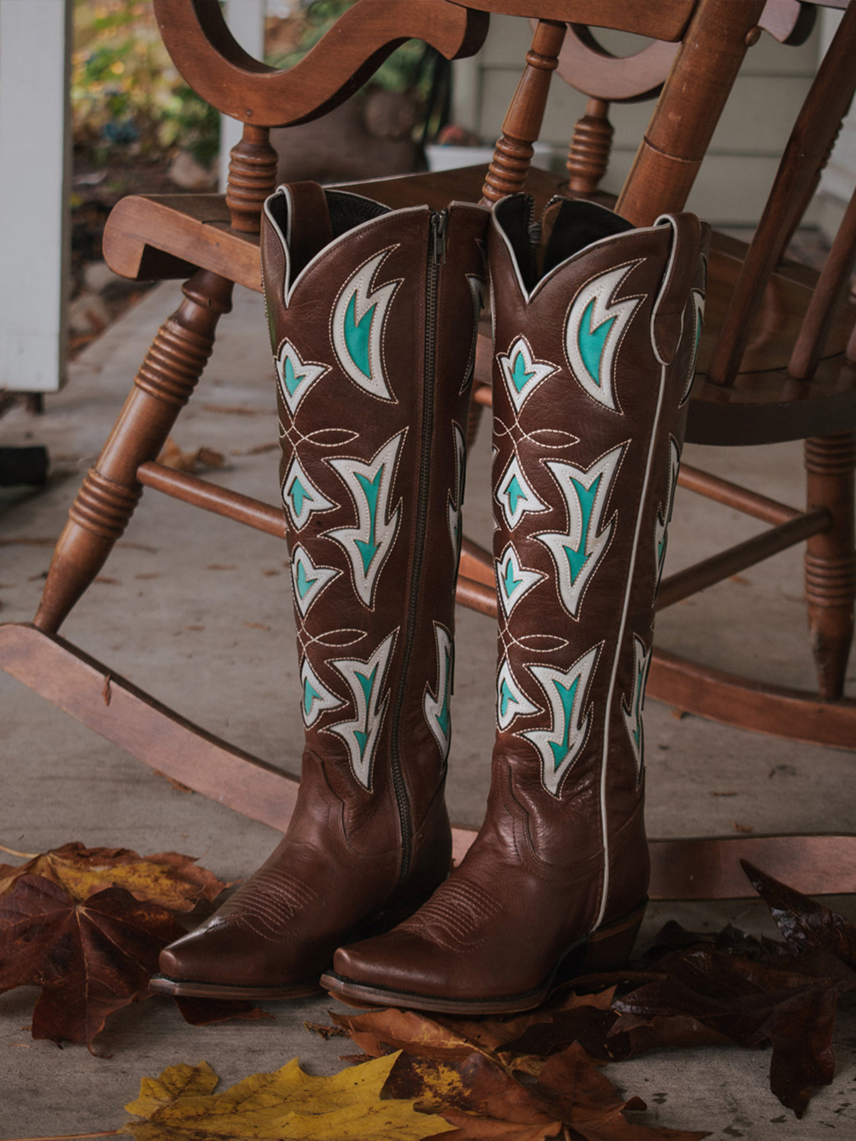 Brown Snip-Toe Flame Inlay Full-Zip Knee High Cowgirl Boots