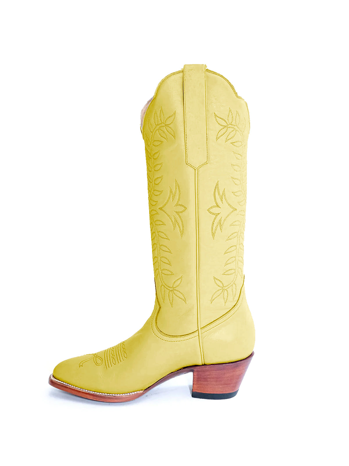 Leaves Embroidery Almond-Toe Wide Knee High Cowgirl Boots - Yellow