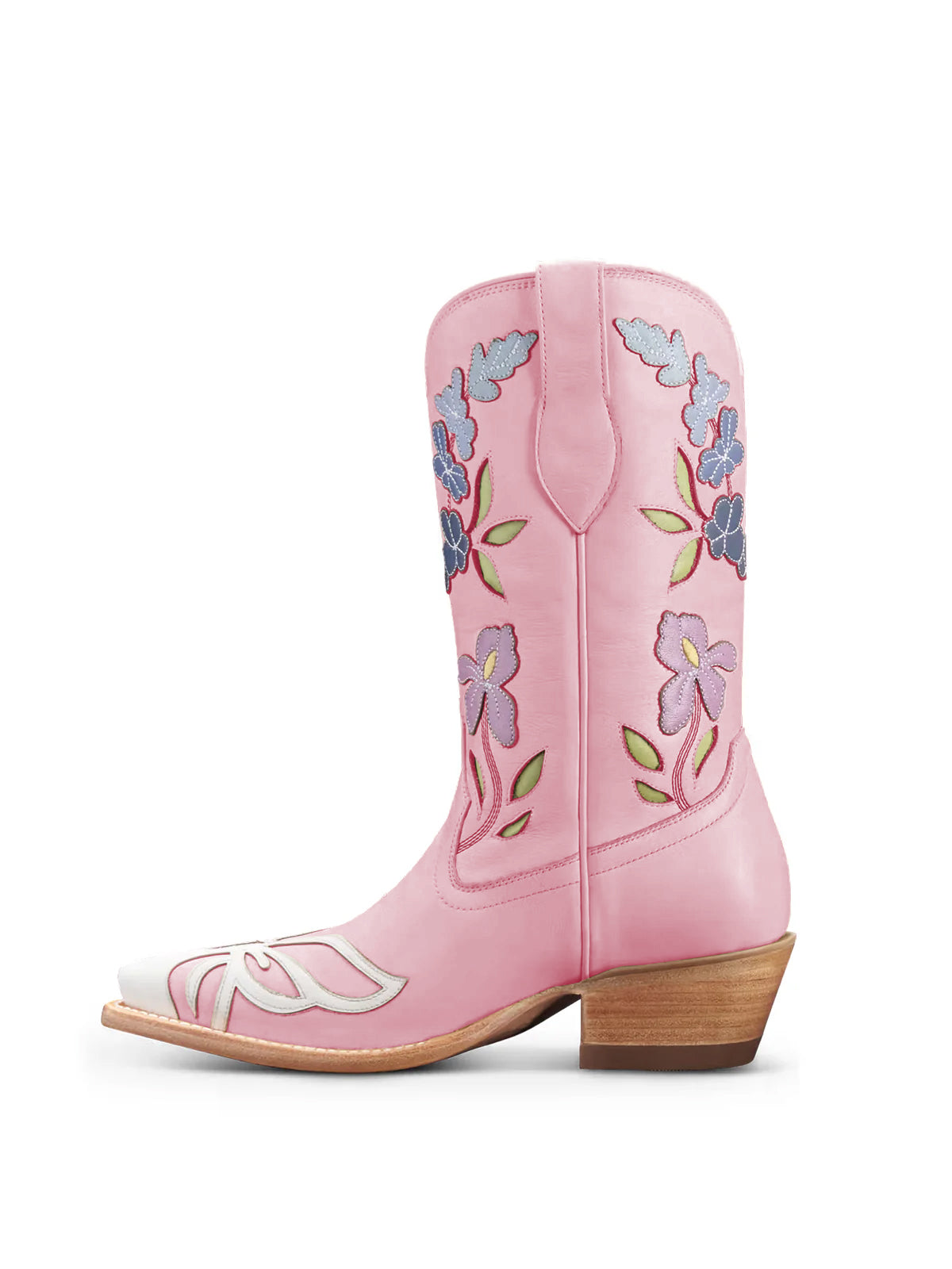 Light Pink Snip-Toe Flower Applique Mid Calf Pull On Cowgirl Boots