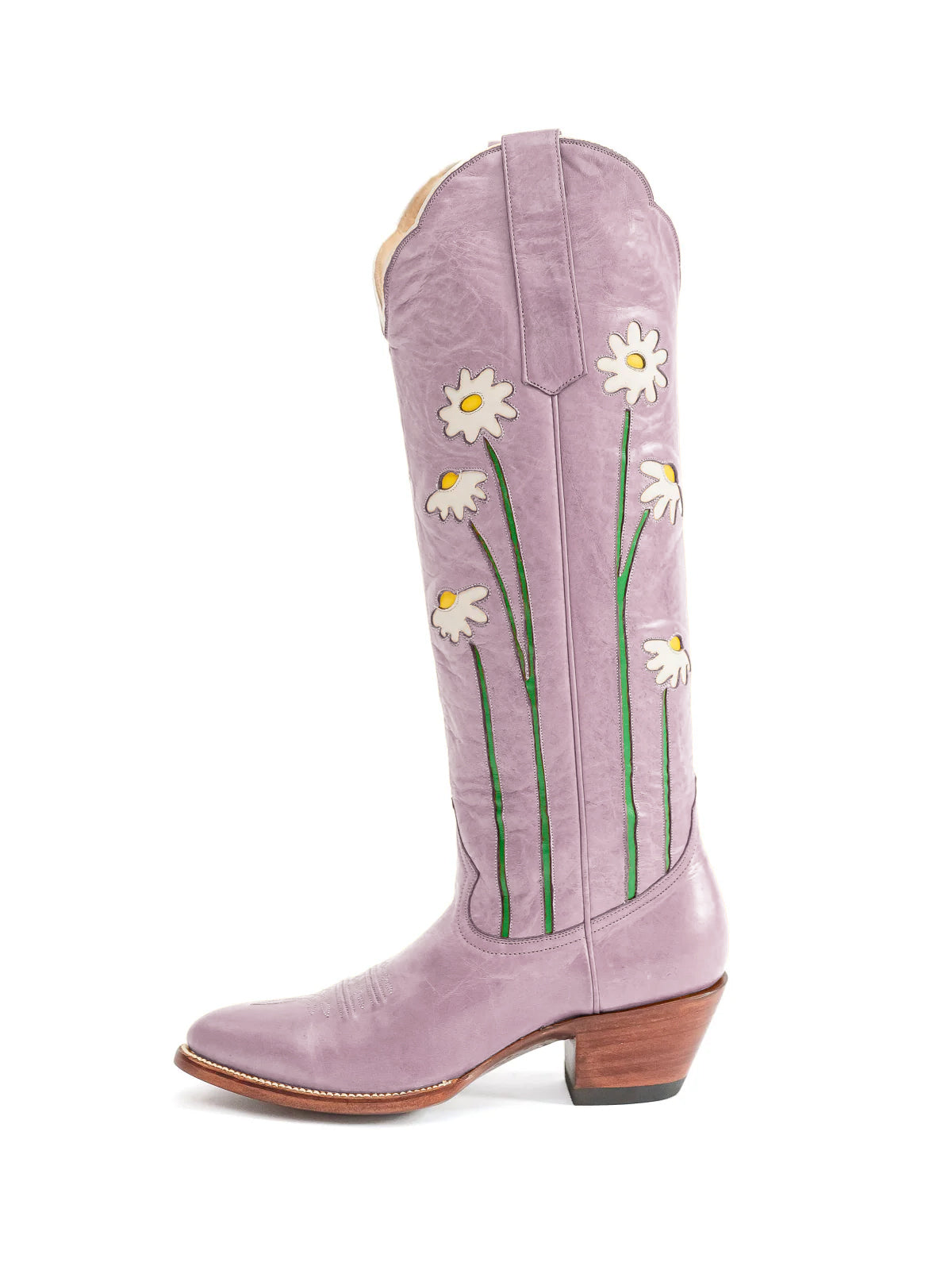 Lavender Almond-Toe Wide Calf Western Boots Knee High Tall Boots With Floral Inlay