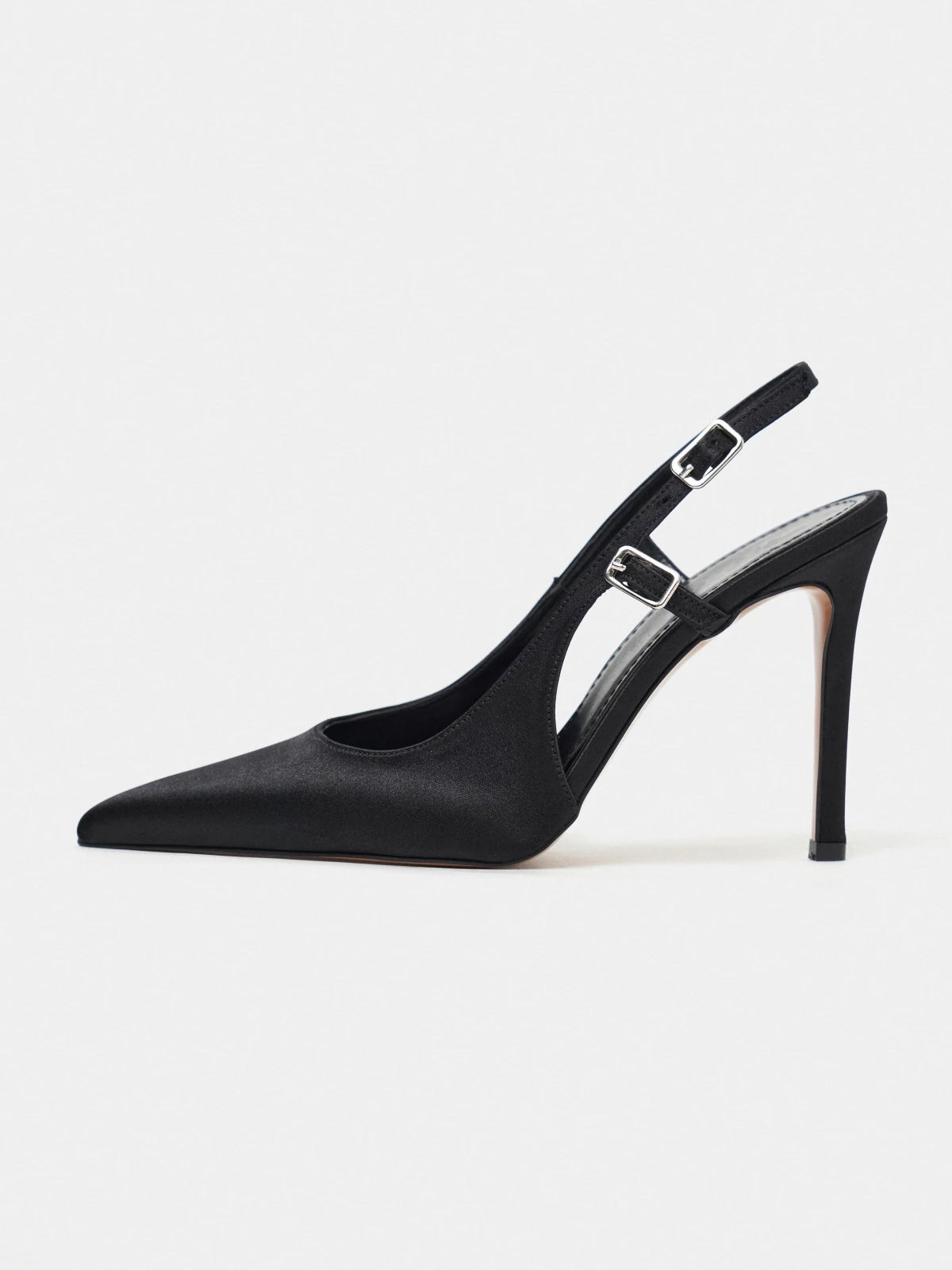 Satin Pointed-Toe Buckle Back Strap Chic High Heels - Black