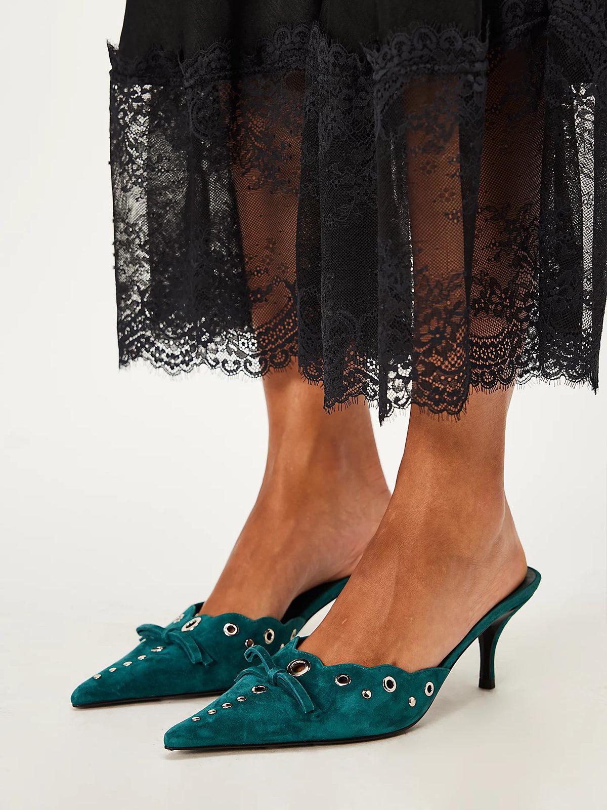 Teal Faux Suede Pointed-Toe Front Knot And Studs And Eyelets Kitten Heels