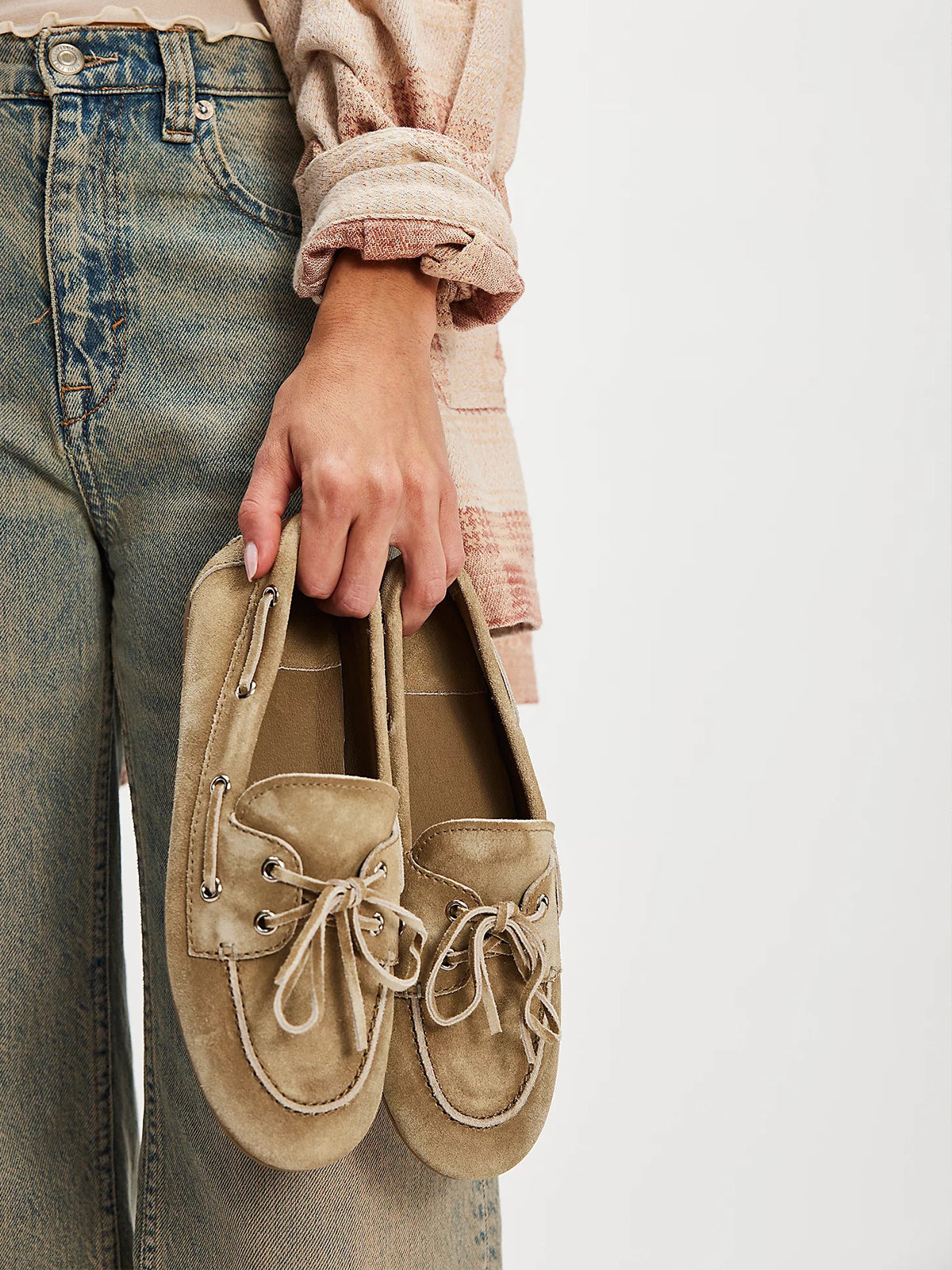 Olive Green Faux Suede Round-Toe Lace-Up Boat Shoes Flats