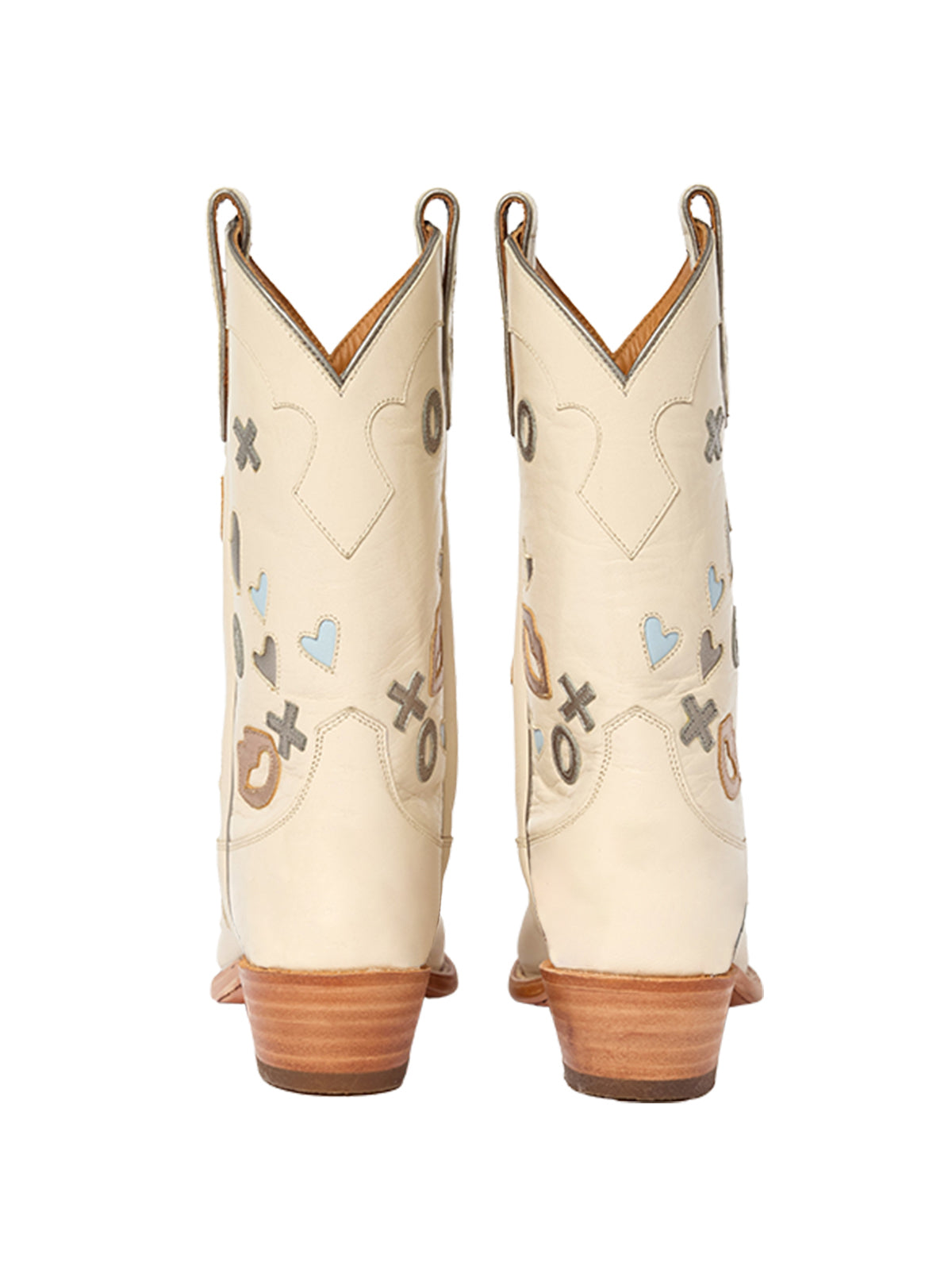 Cream Snip-Toe Mid Calf Cowgirl Boots With Inlays And Appliques