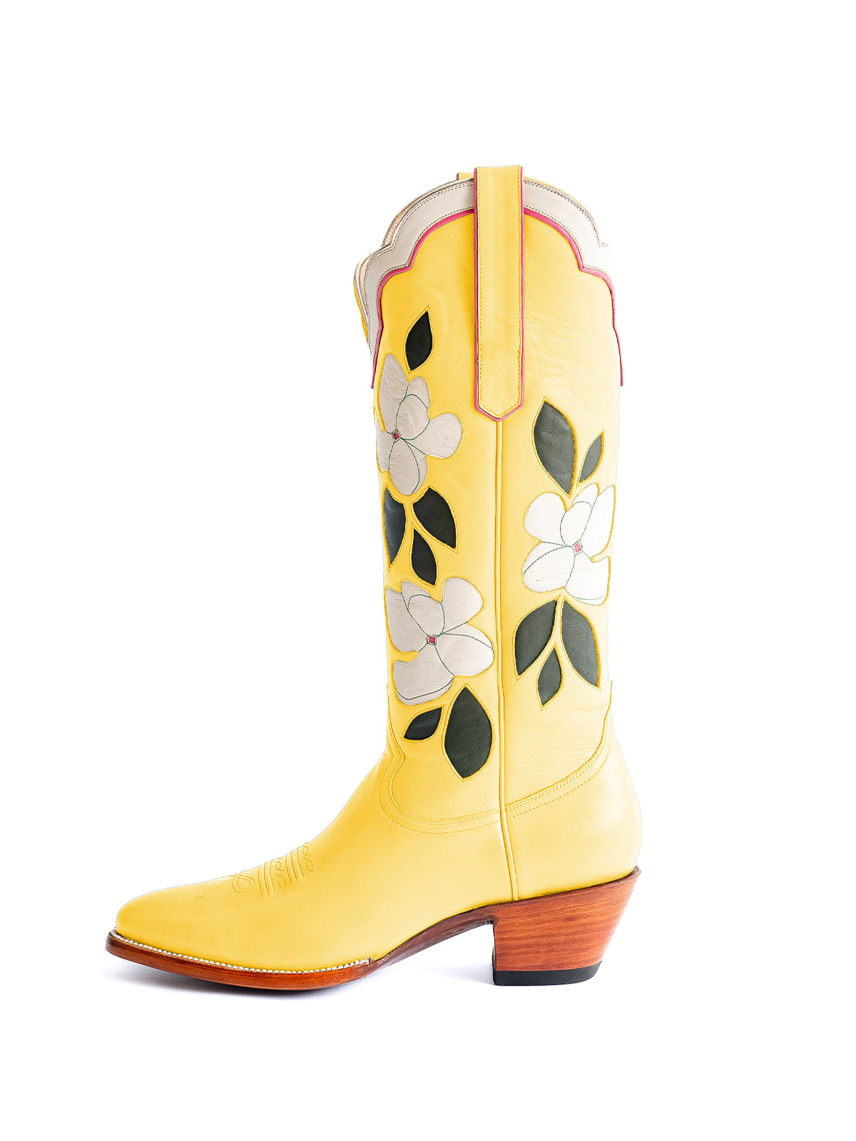 Yellow Almond-Toe White Flower Inlay Wide Calf Knee High Cowgirl Boots