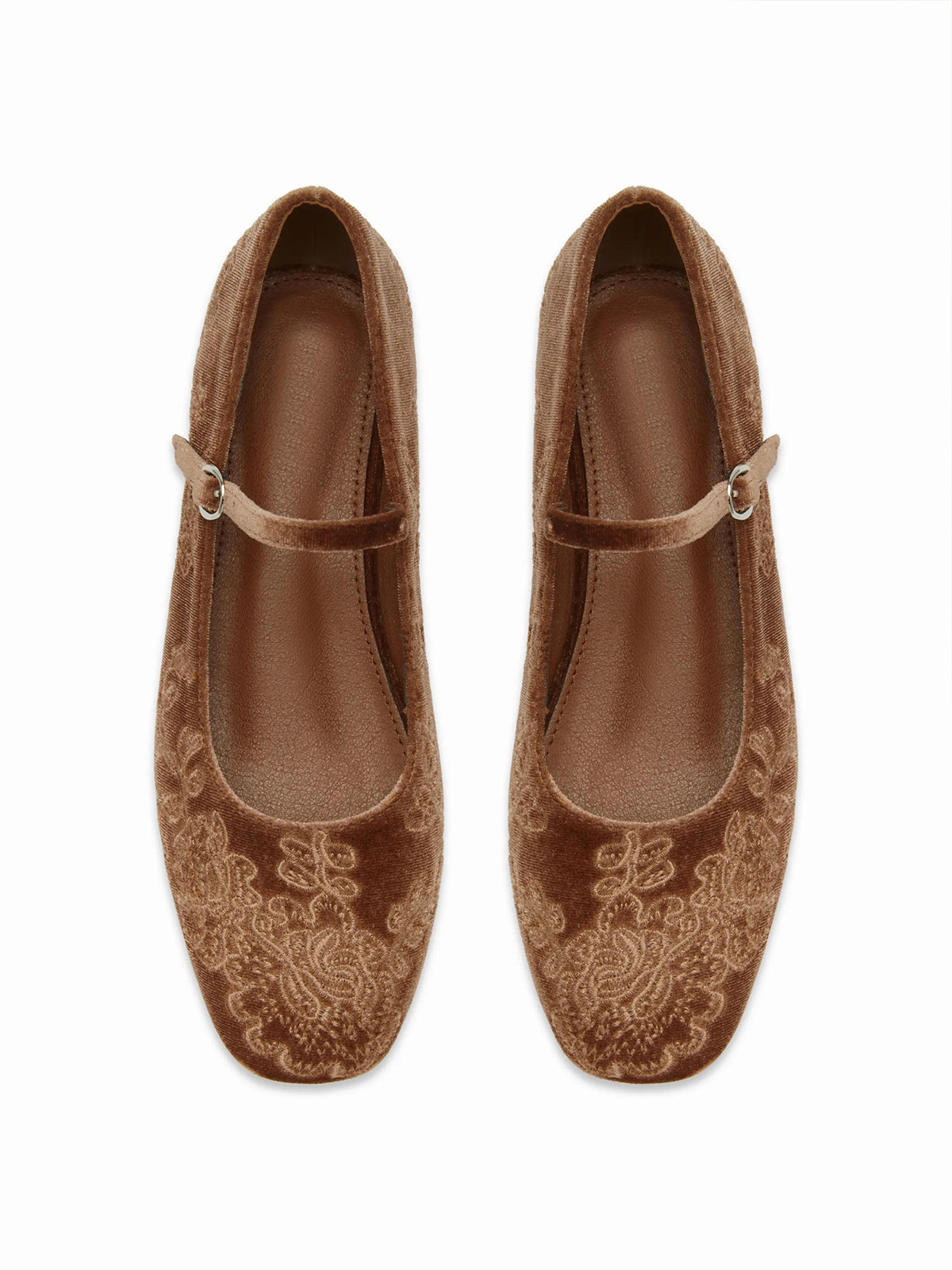 Brown Velvet Square-Toe Chic Mary Jane Ballet Flats