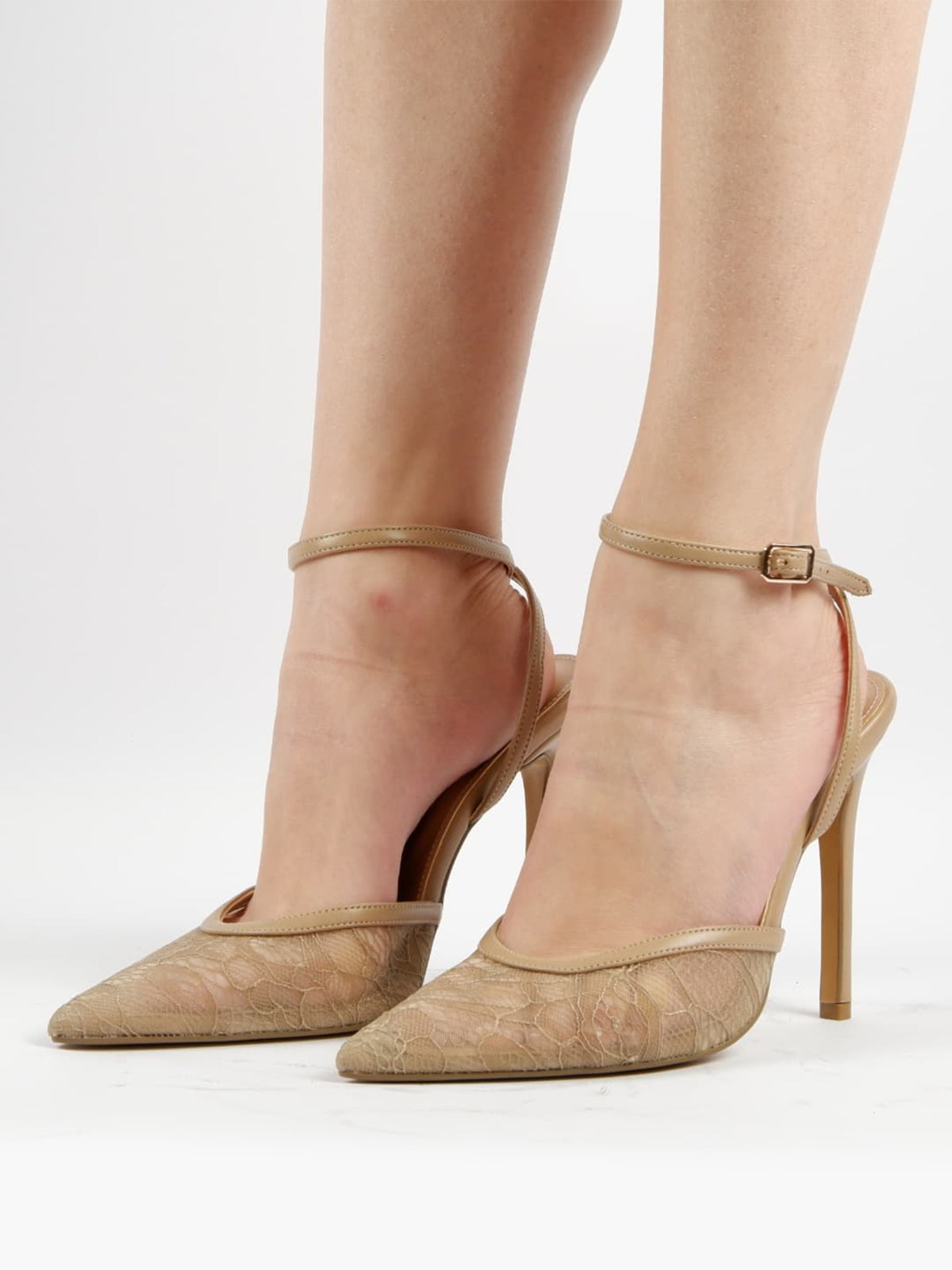 Nude Lace Mesh Pointed-Toe Back And Ankle Straps High Heels