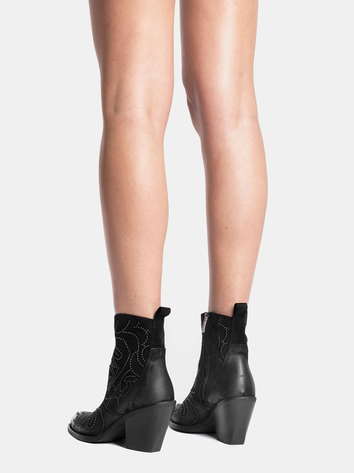 Black Faux Suede Snip-Toe Studded Full-Zip Ankle Cowgirl Boots