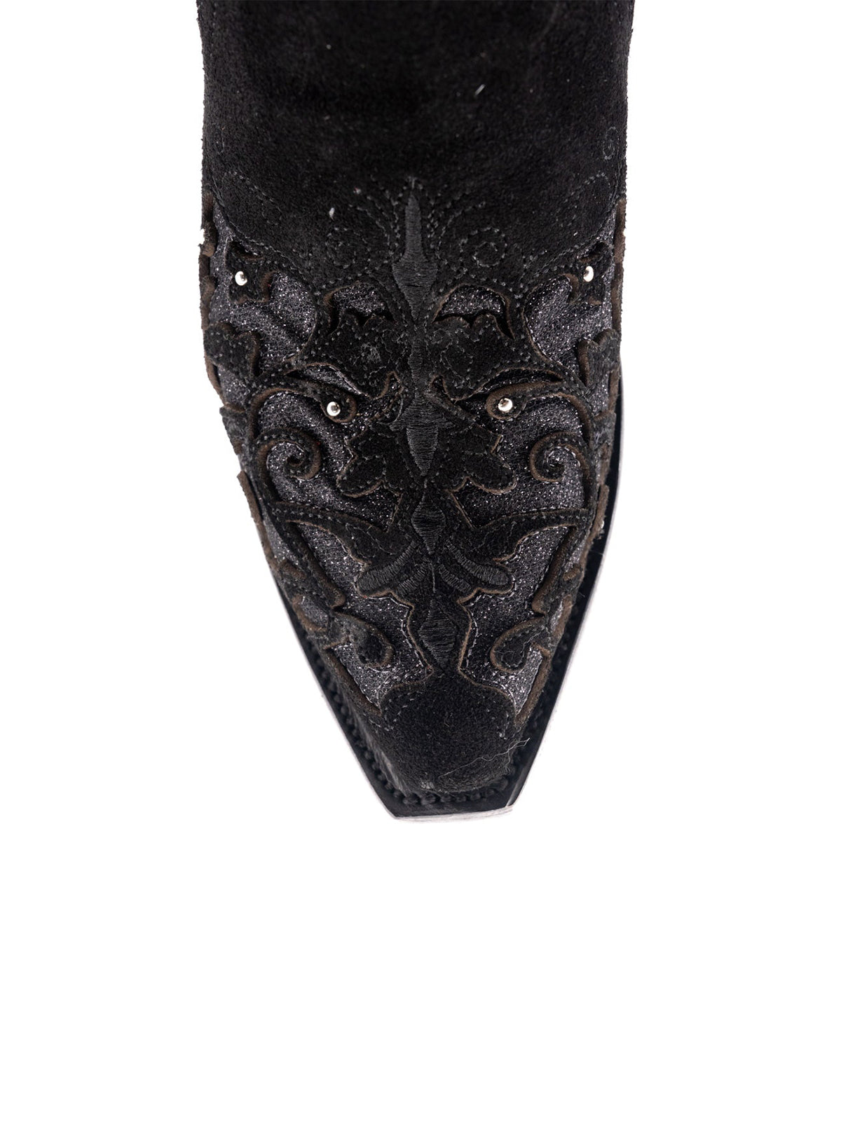 Black Faux Suede Snip-Toe Glitter Inlay And Studs Half-Zip Knee High Cowgirl Boots