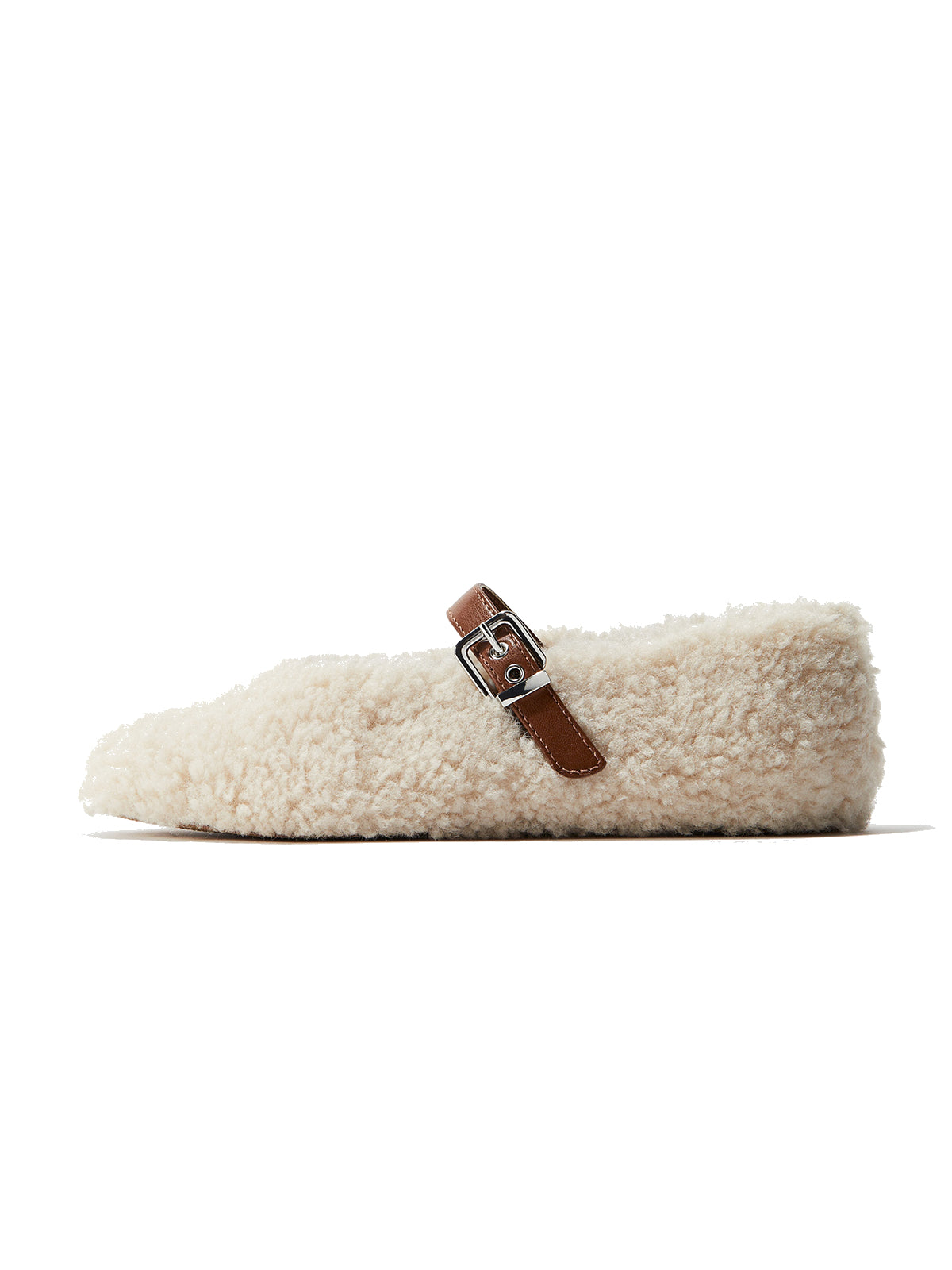 Cream Plush Square-Toe Mary Jane Ballet Flats
