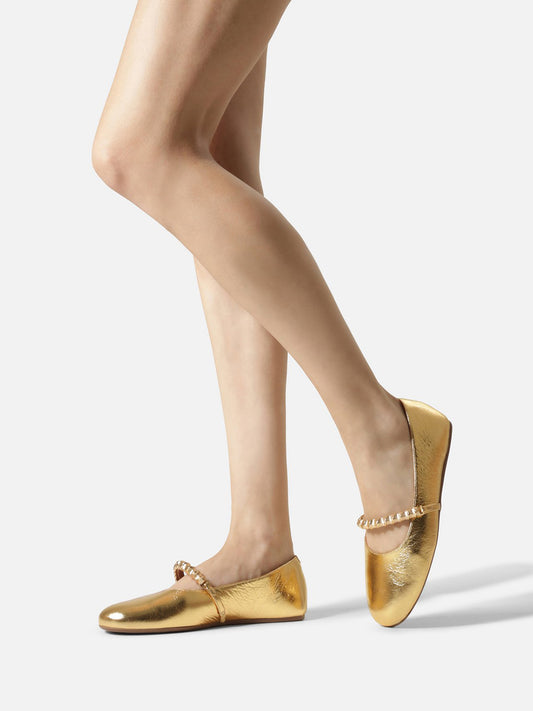 Metallic Gold Round-Toe Metal Bridge Strap Chic Flats