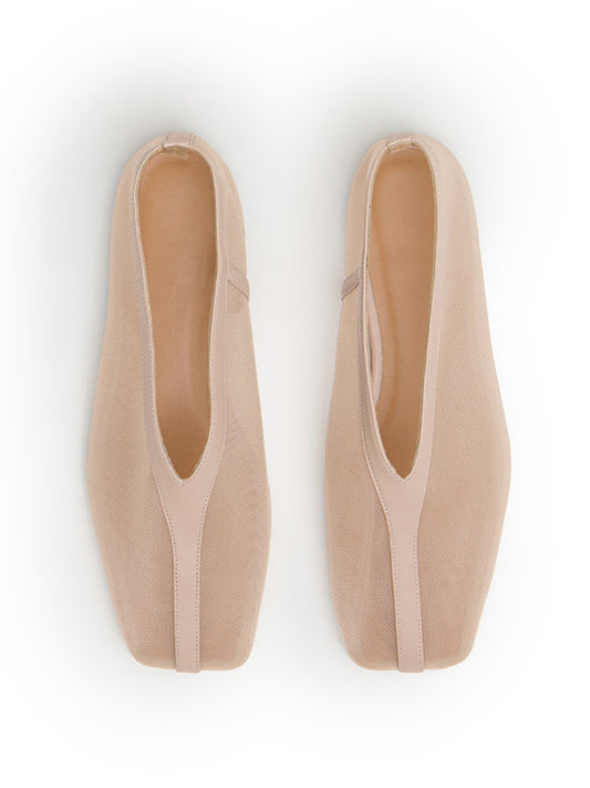 Nude Mesh Square-Toe V-Cut Vamp Ballet Flats