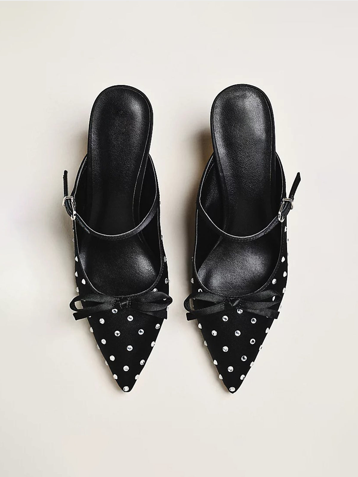 Black Rhinestone Satin Pointed-Toe Bridge Strap Kitten Heels With Bow
