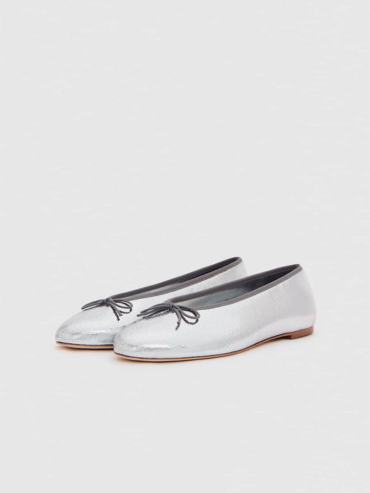 Metallic Silver Round-Toe Slip-On Front Classic Bow Ballet Flats