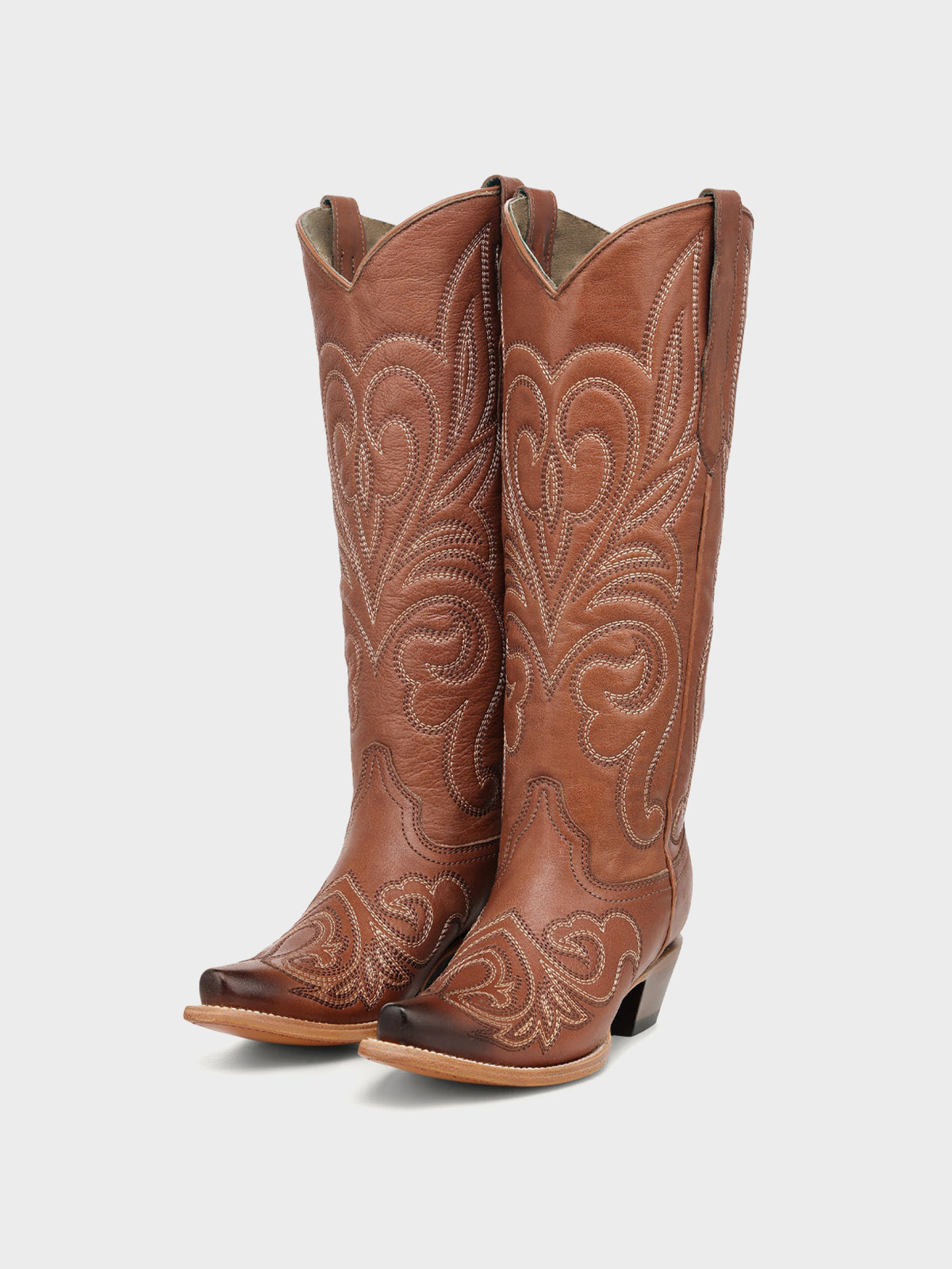 Dark Tan Snip-Toe Chic Western Embroidery Knee High Cowgirl Boots