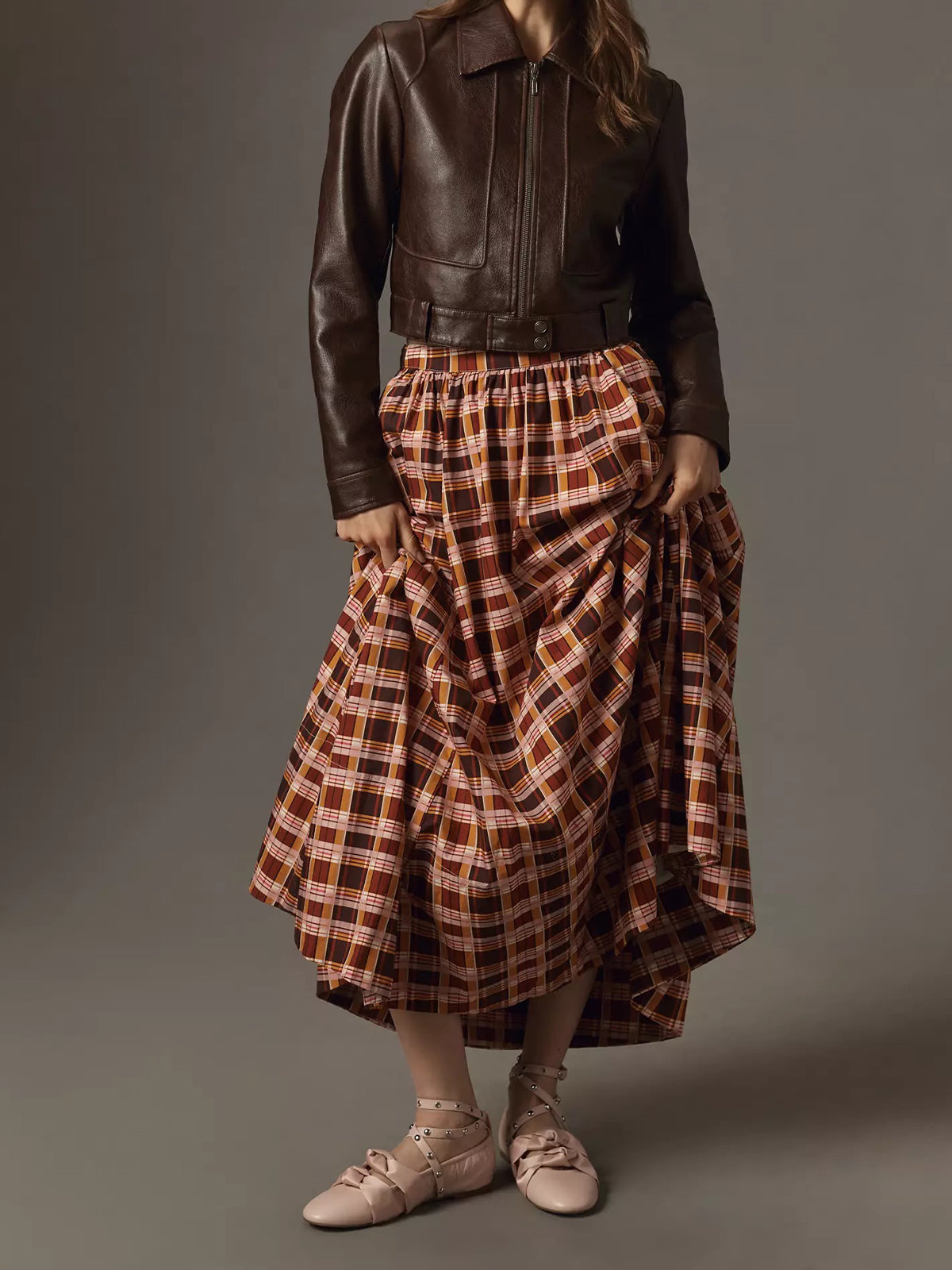 Pink Round-Toe Studded Ankle Straps Front Double Satin Straps Ballet Flats