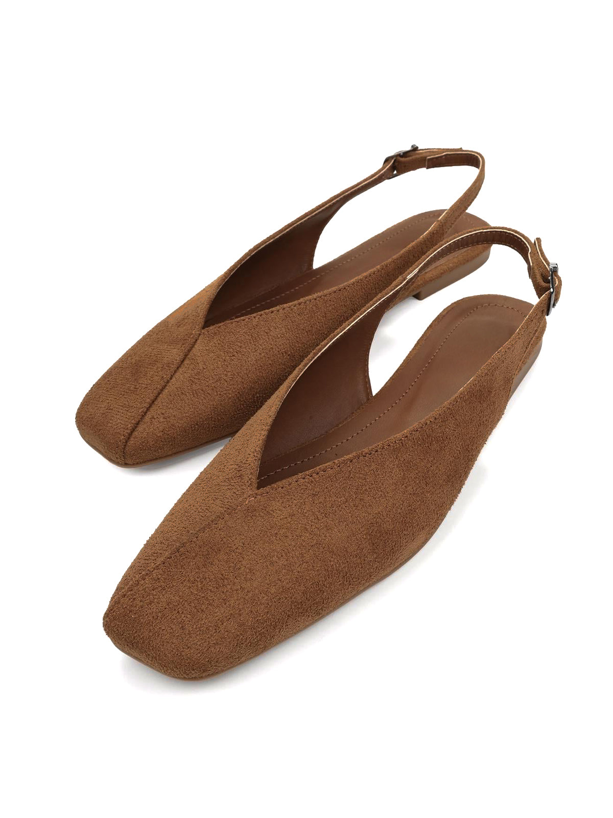 Brown Square-Toe Classic Buckle Back Strap Slip-On Flats