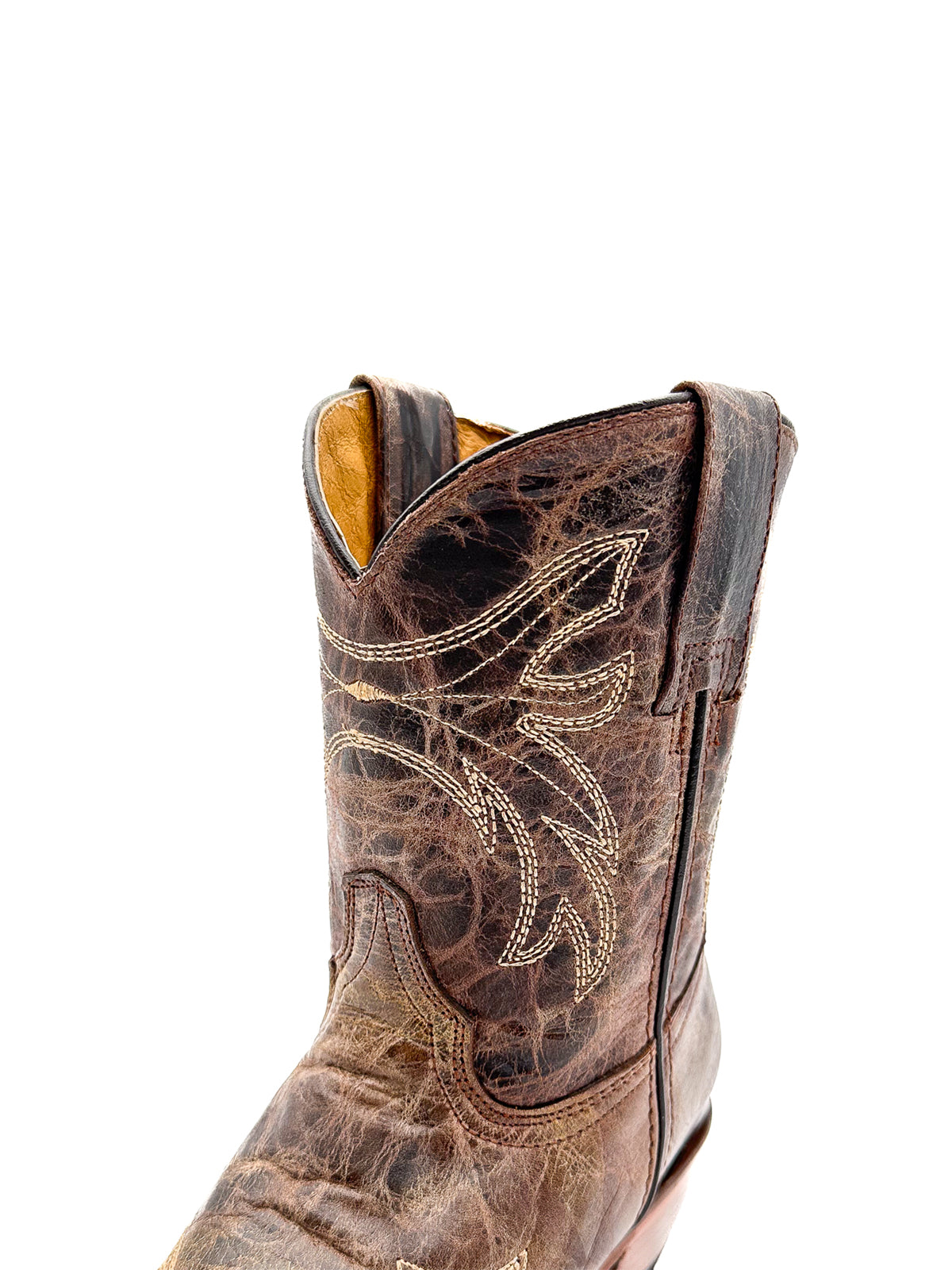Distressed Brown Snip-Toe Classic Embroidery Ankle Cowgirl Booties