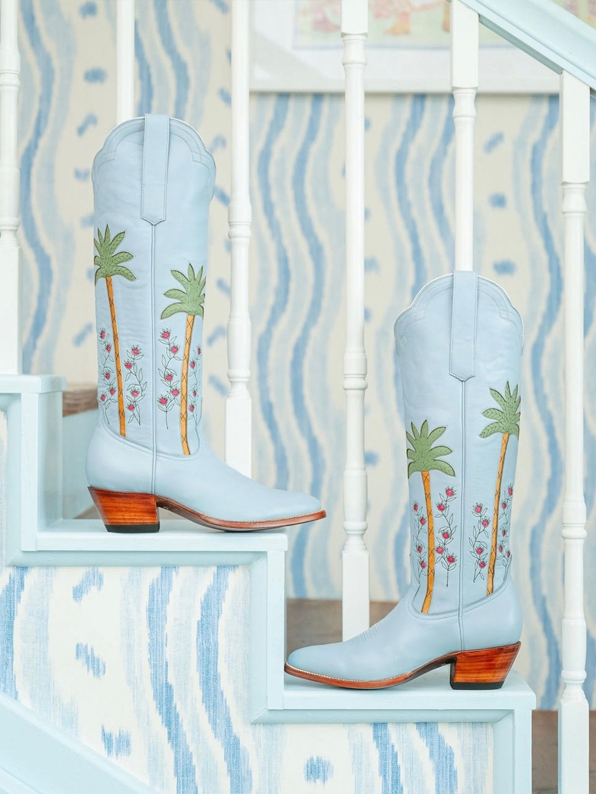 Powder Blue Almond-Toe Palm And Flowers Inlay Wide Calf Tall Knee High Cowgirl Boots
