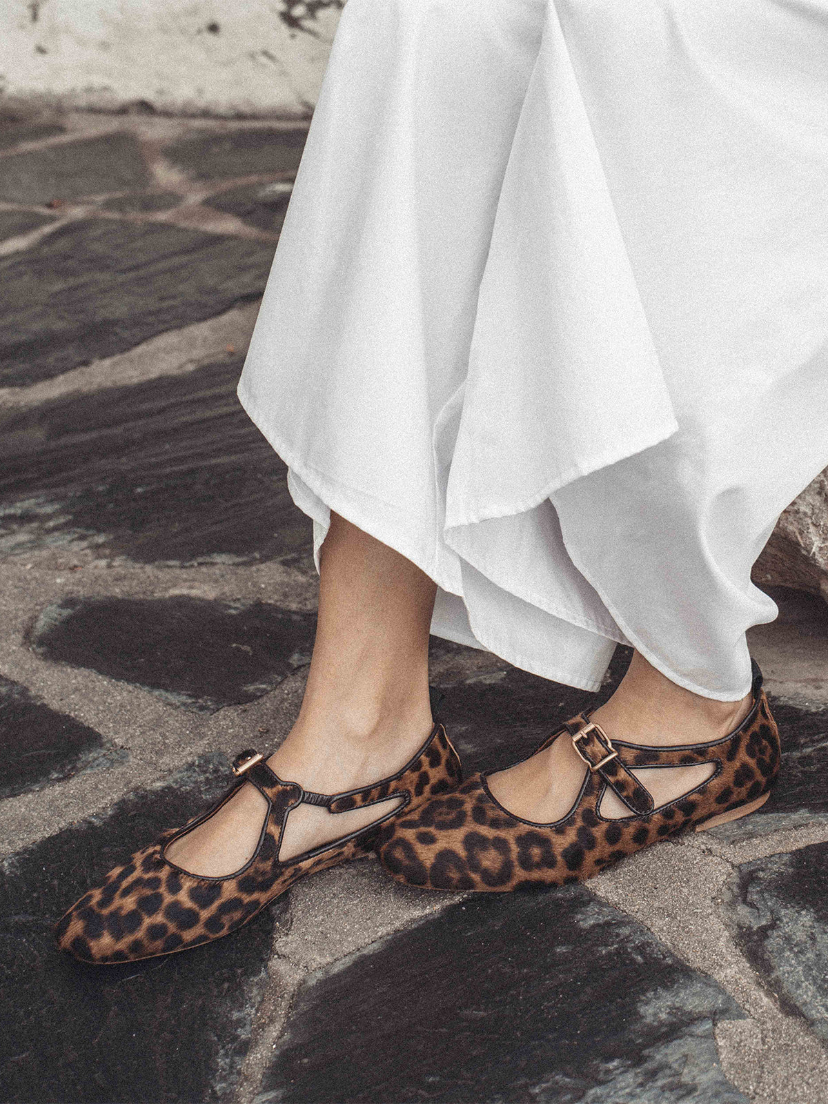 Square-Toe Buckle Strap Chic Flats - Leopard Pony Hair Vegan Leather