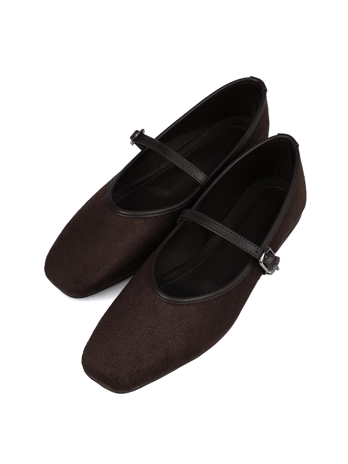 Coffee Faux Suede Square-Toe Buckle Bridge Strap Classic Ballet Flats