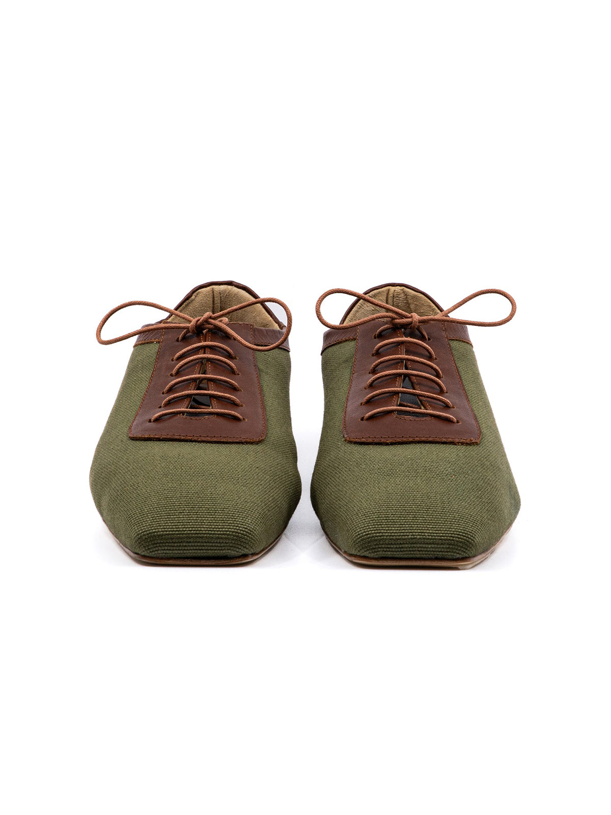 Green Canvas And Cognac Vegan Leather Square-Toe Lace-Up Flats