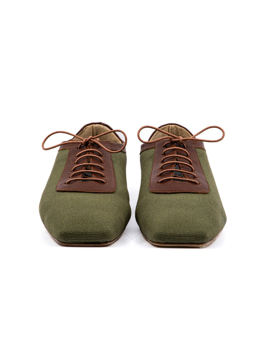 Green Canvas And Cognac Vegan Leather Square-Toe Lace-Up Flats
