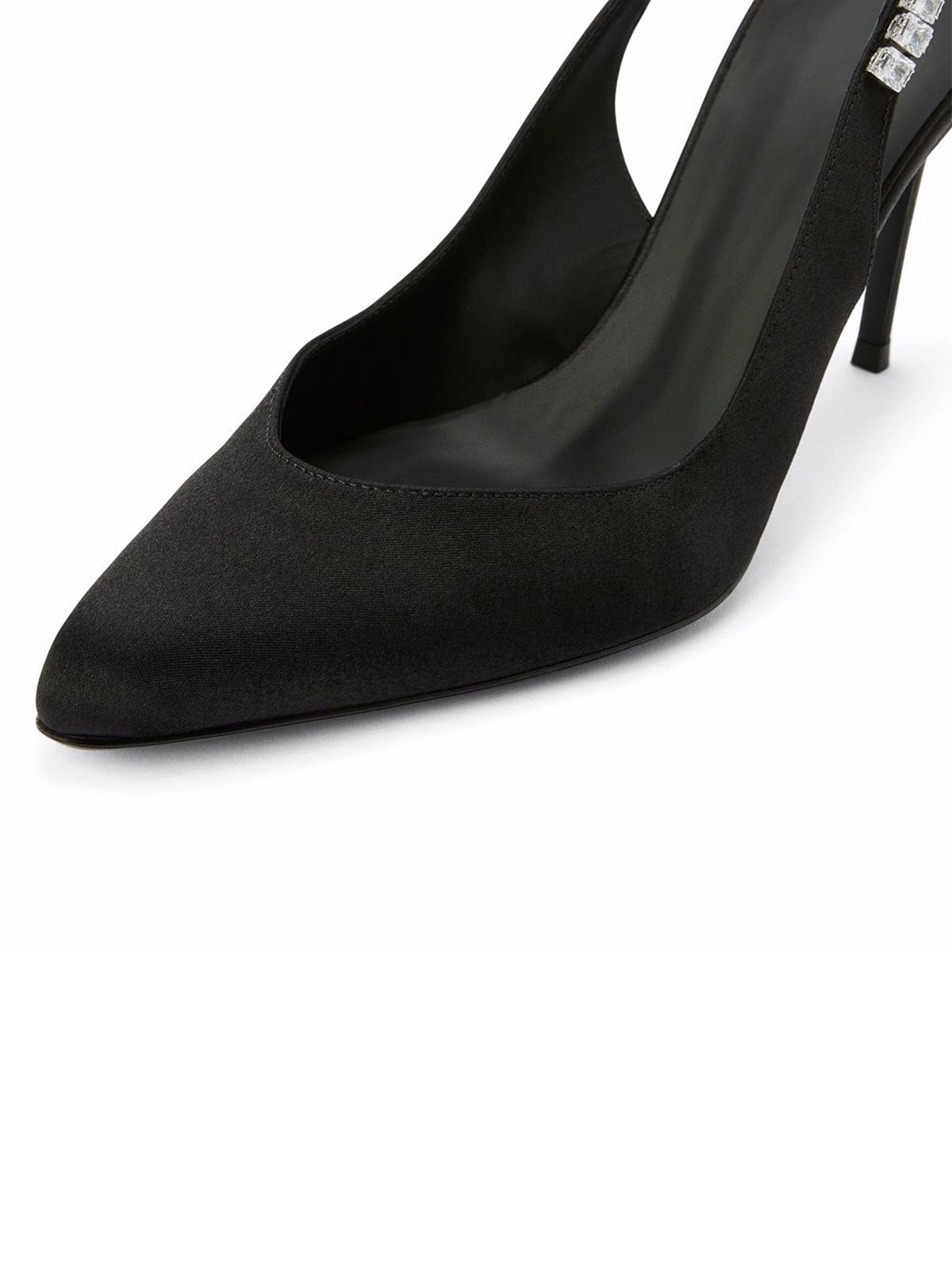 Black Satin Pointed-Toe Slingback With Rhinestones High Heels Pumps
