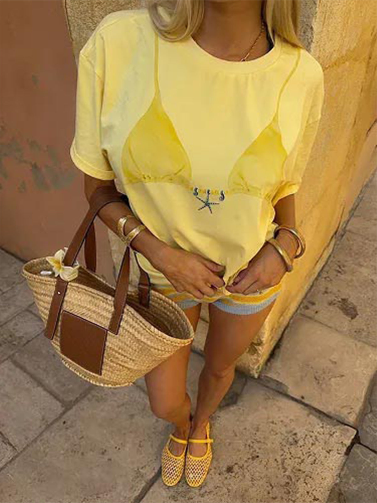 Yellow Grass Woven Round-Toe Buckle Mary Jane Chic Flats
