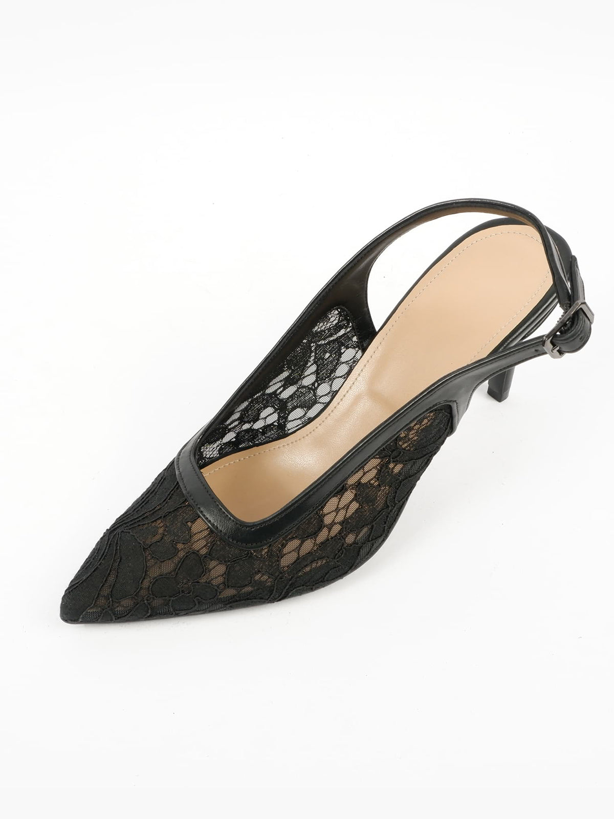 Black Lace Mesh Pointed-Toe Classic Back Strap Chic Kitten Heels