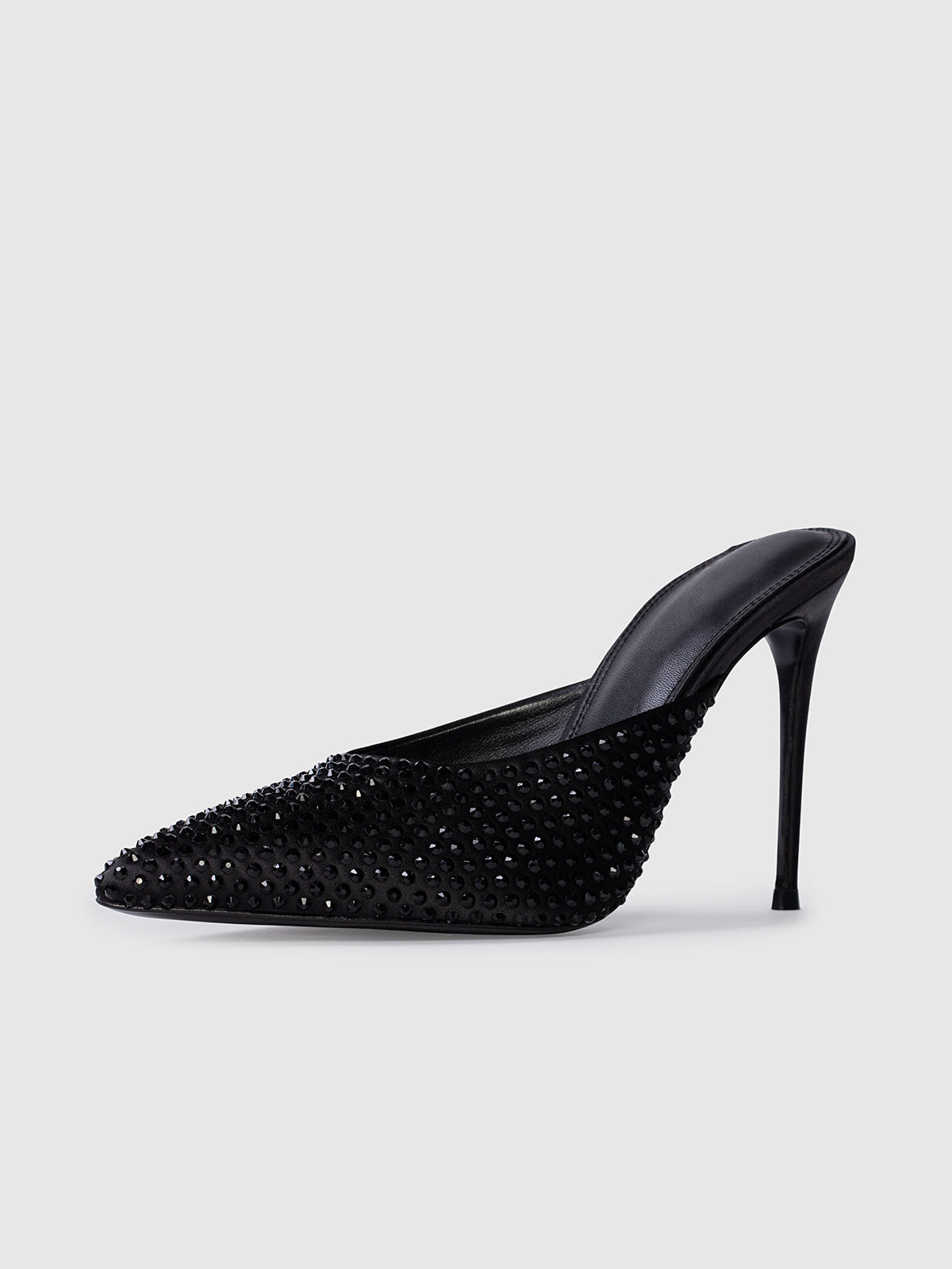 Black Satin Pointed-Toe High Heels With Crystal Embellished Detail
