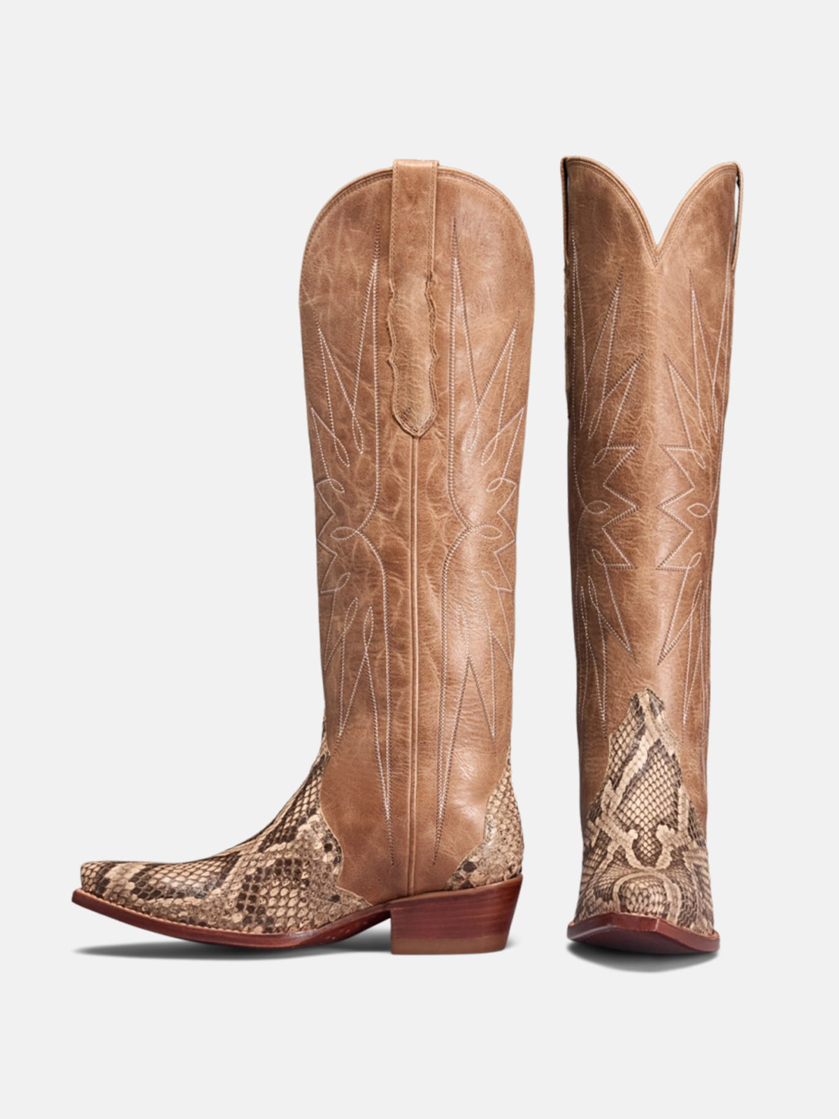 Sand Vegan Leather And Snakeskin Pattern Snip-Toe Embroidery Wide Calf Knee High Cowgirl Boots