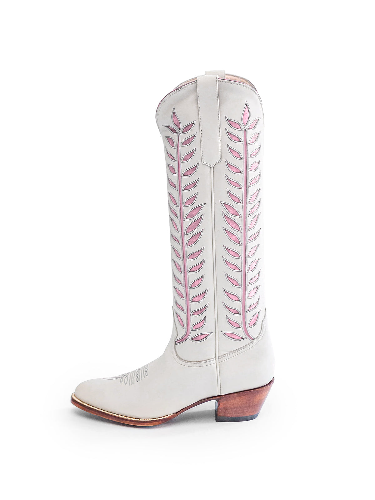 Almond-Toe Pink Leaves Inlay Wide Calf Tall Knee High Cowgirl Boots - White