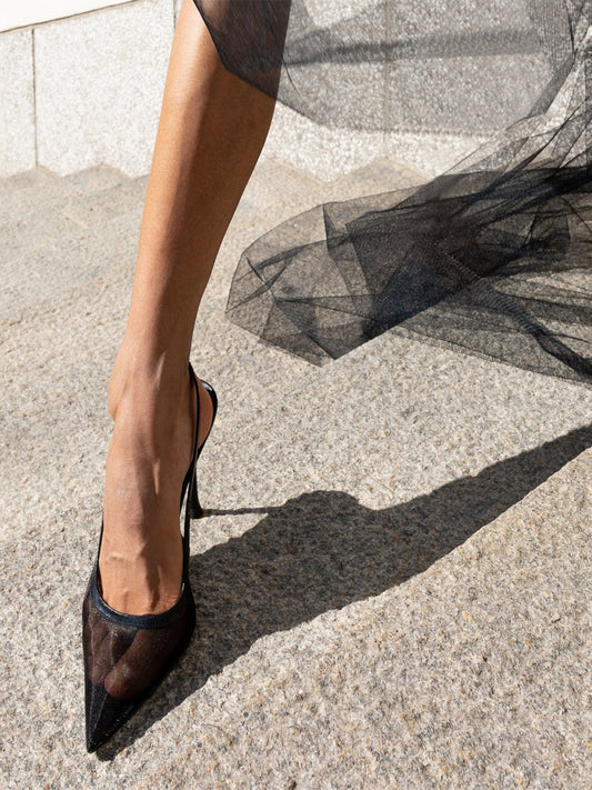 Black Mesh Pointed-Toe Chic Back Strap Pumps High Heels