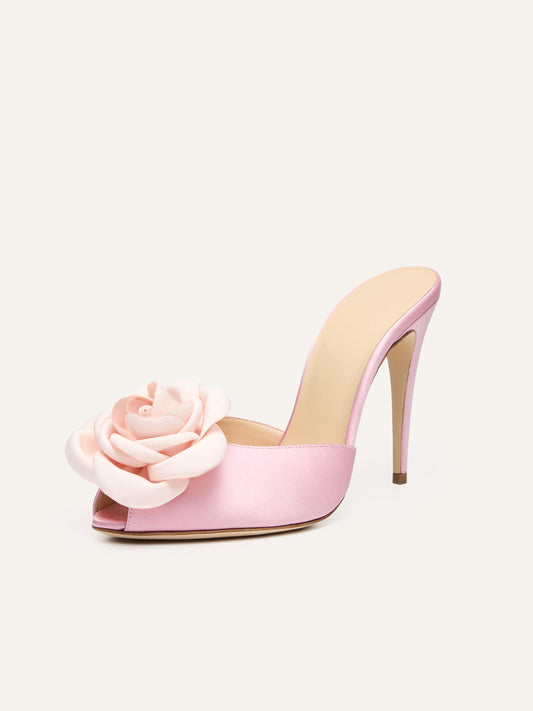Pink Satin Round-Toe Front Floral Inlay High Heels